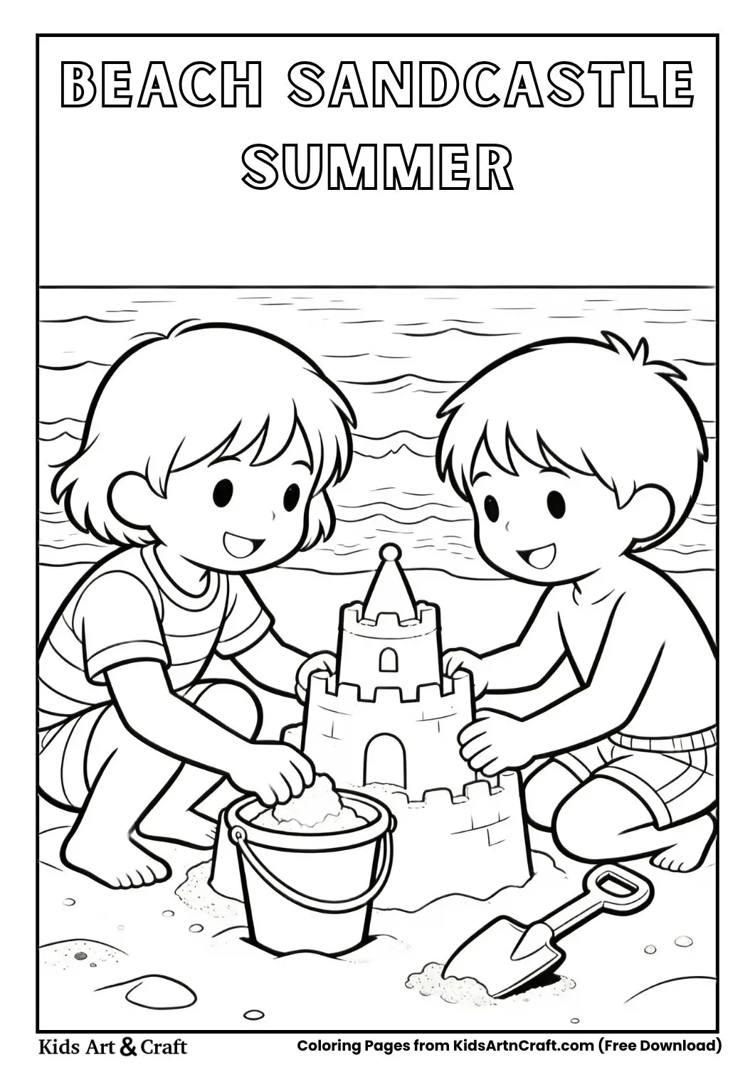 Kids building sandcastle at beach coloring page