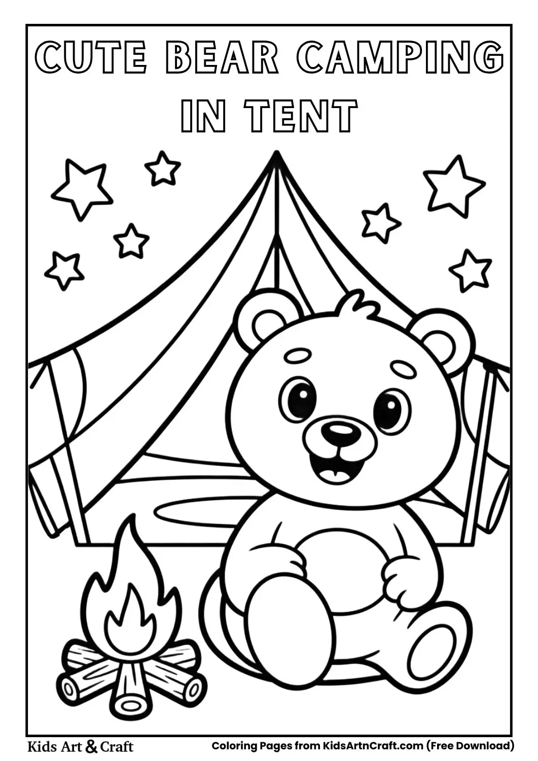 cute bear camping in tent coloring page