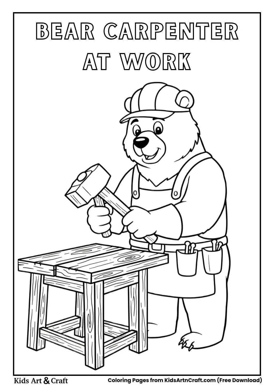 Bear carpenter hammering wood coloring page