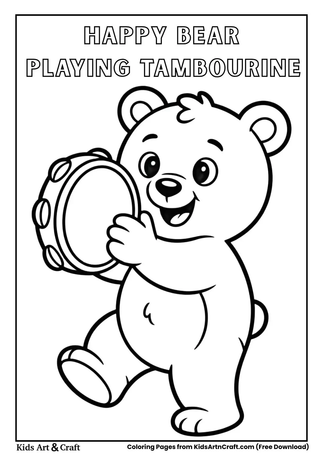 Black and white coloring page of a dancing bear holding a tambourine.