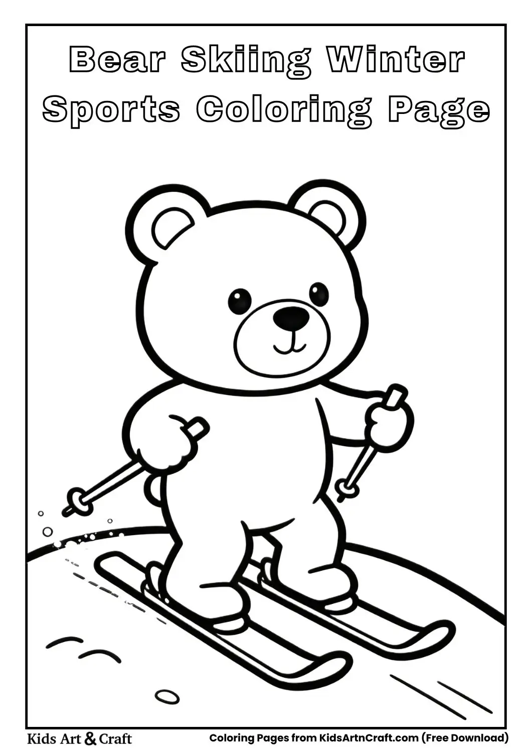 Bear skiing on snow hill simple coloring sheet