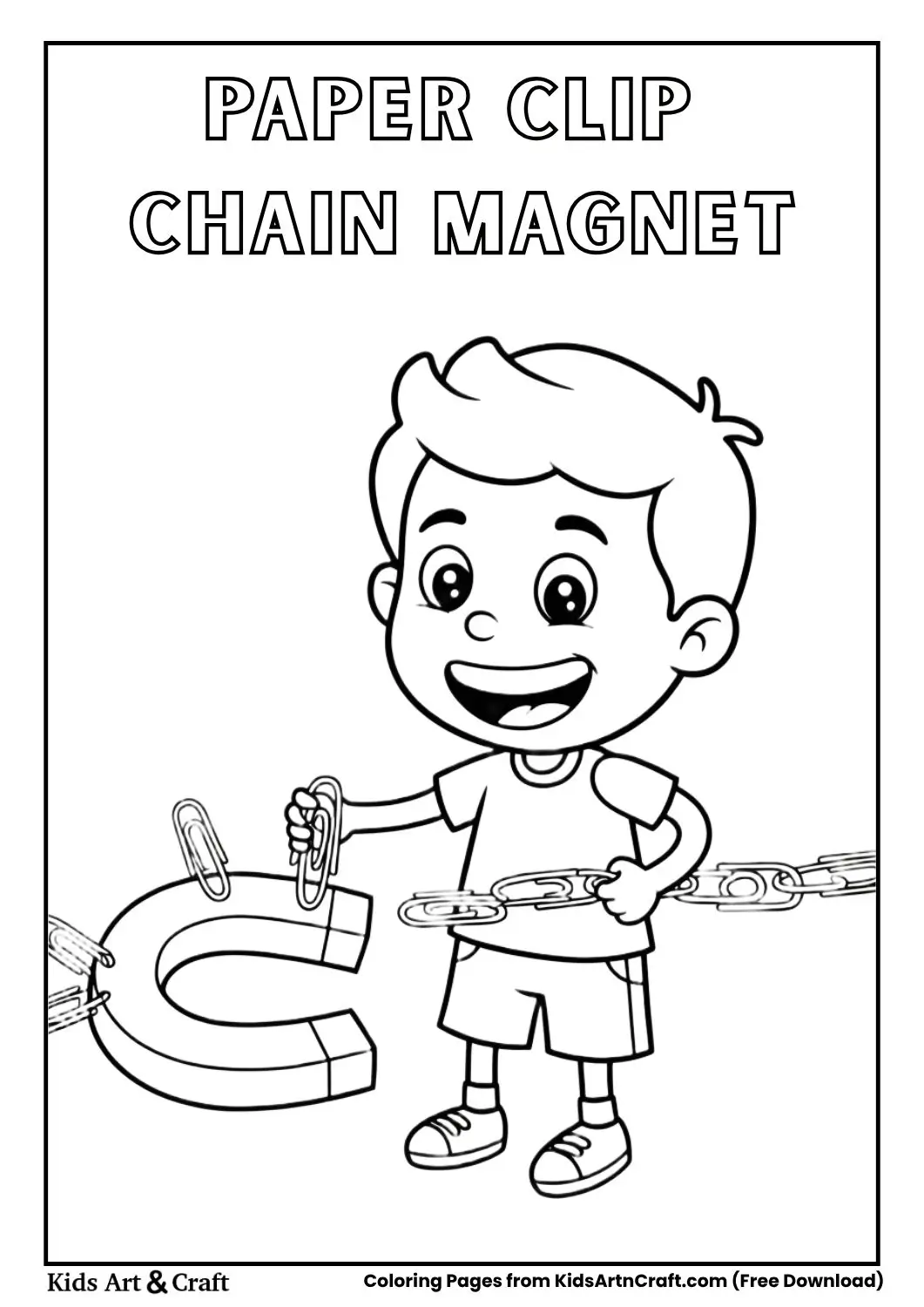 Boy making paper clip chain with magnet