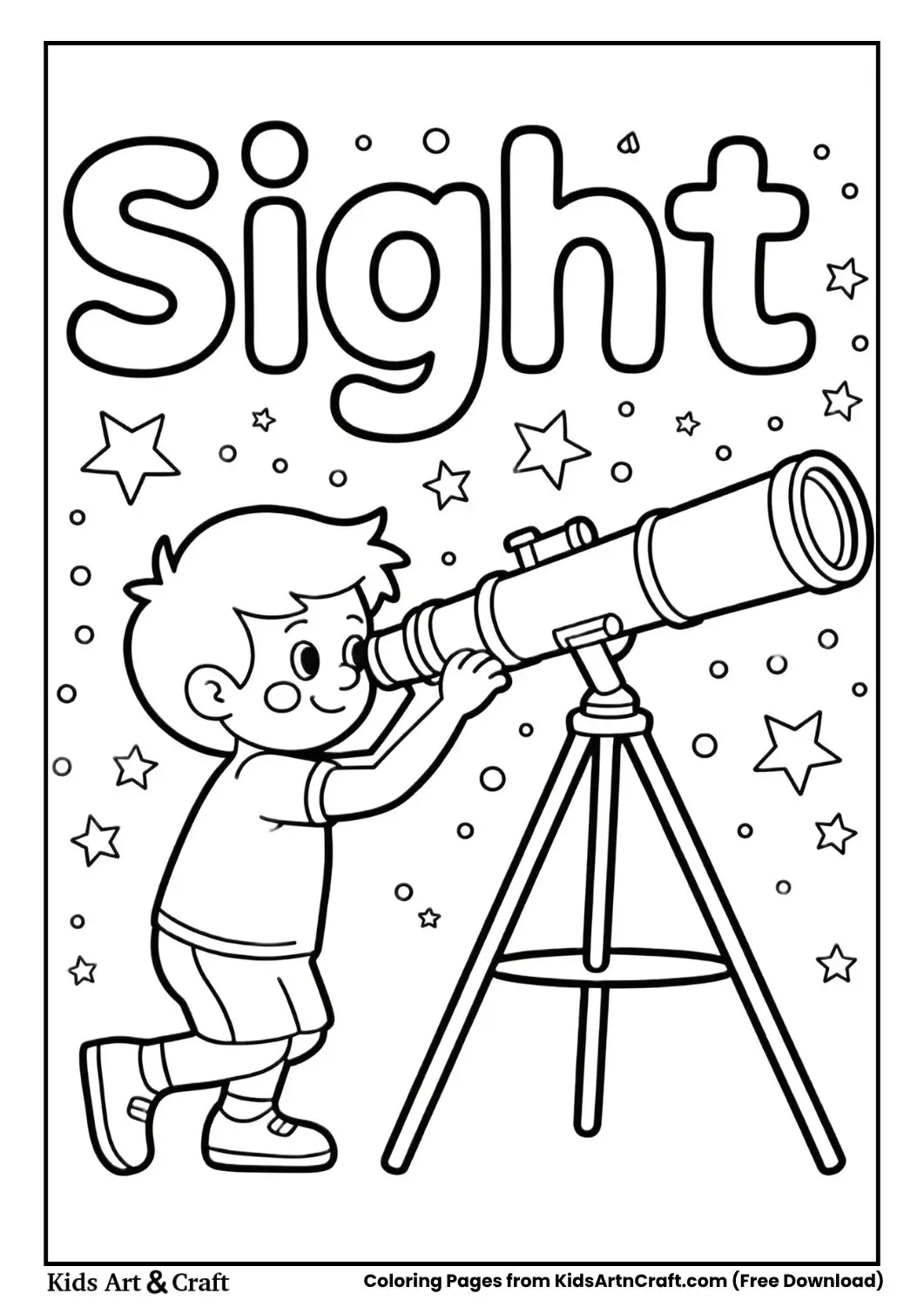 Boy looking at stars through telescope labeled Sight coloring page