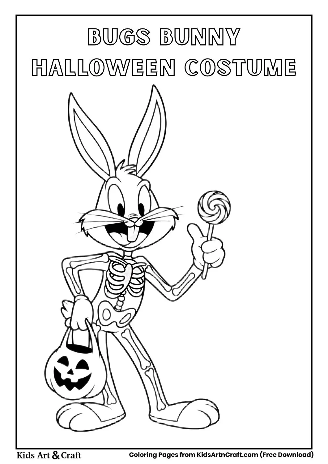 Bugs Bunny in skeleton costume holding lollipop coloring page