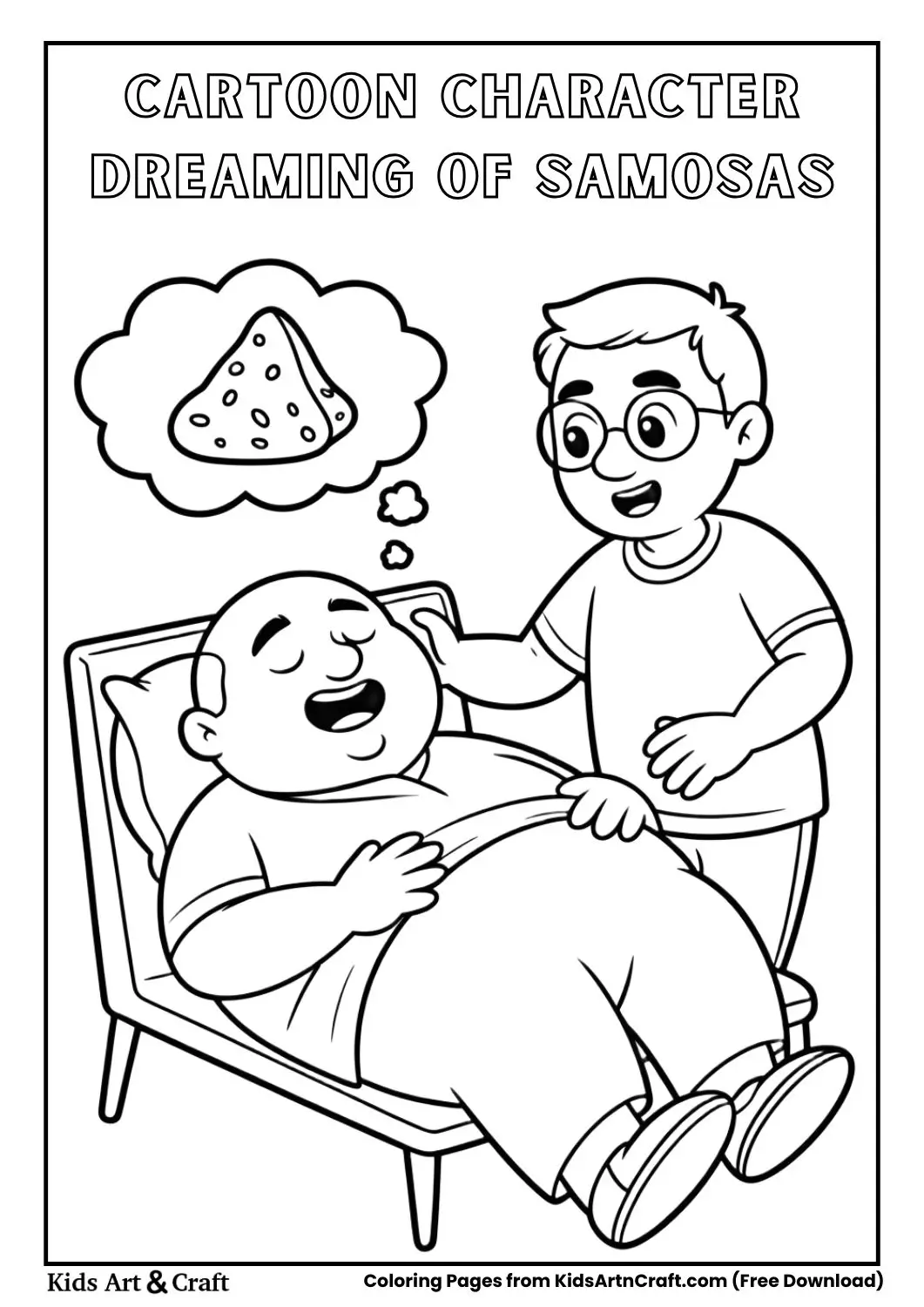 cartoon character sleeping dreaming about samosa coloring page