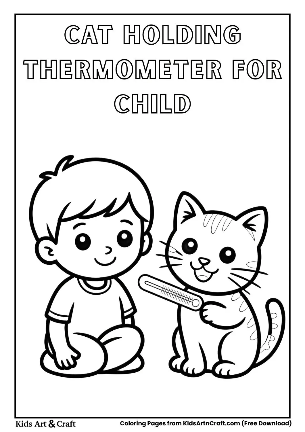 Cute cat holding a thermometer beside a resting child black and white coloring page