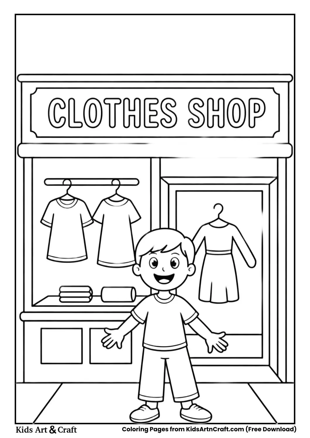 Clothes Shop coloring page with dresses and shirts