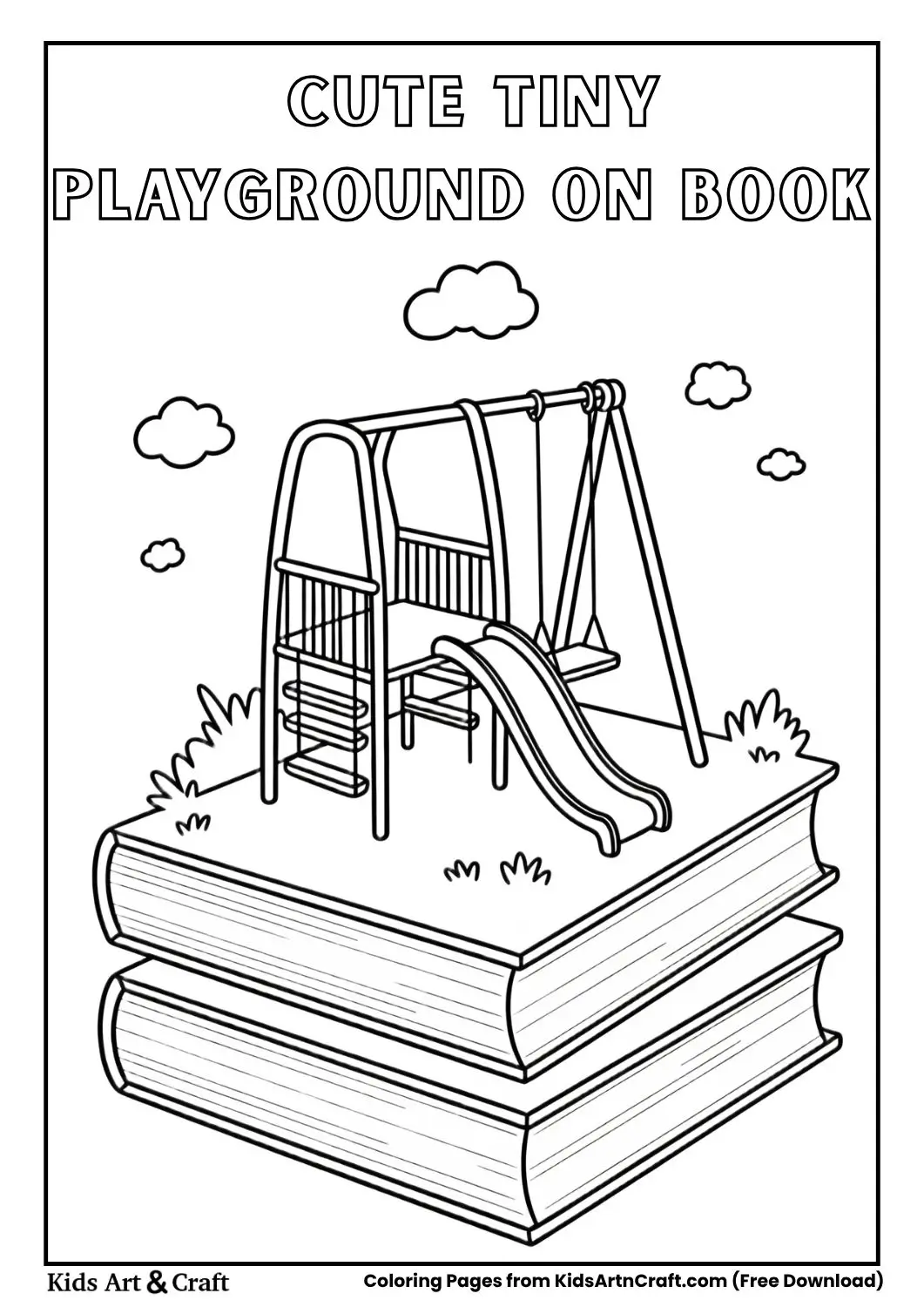 cute tiny playground on a large book with slide and swing black and white coloring sheet