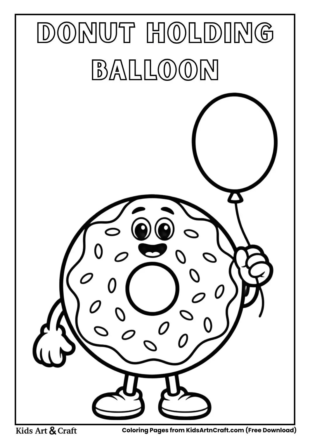 Cute donut character holding a balloon coloring page for kids