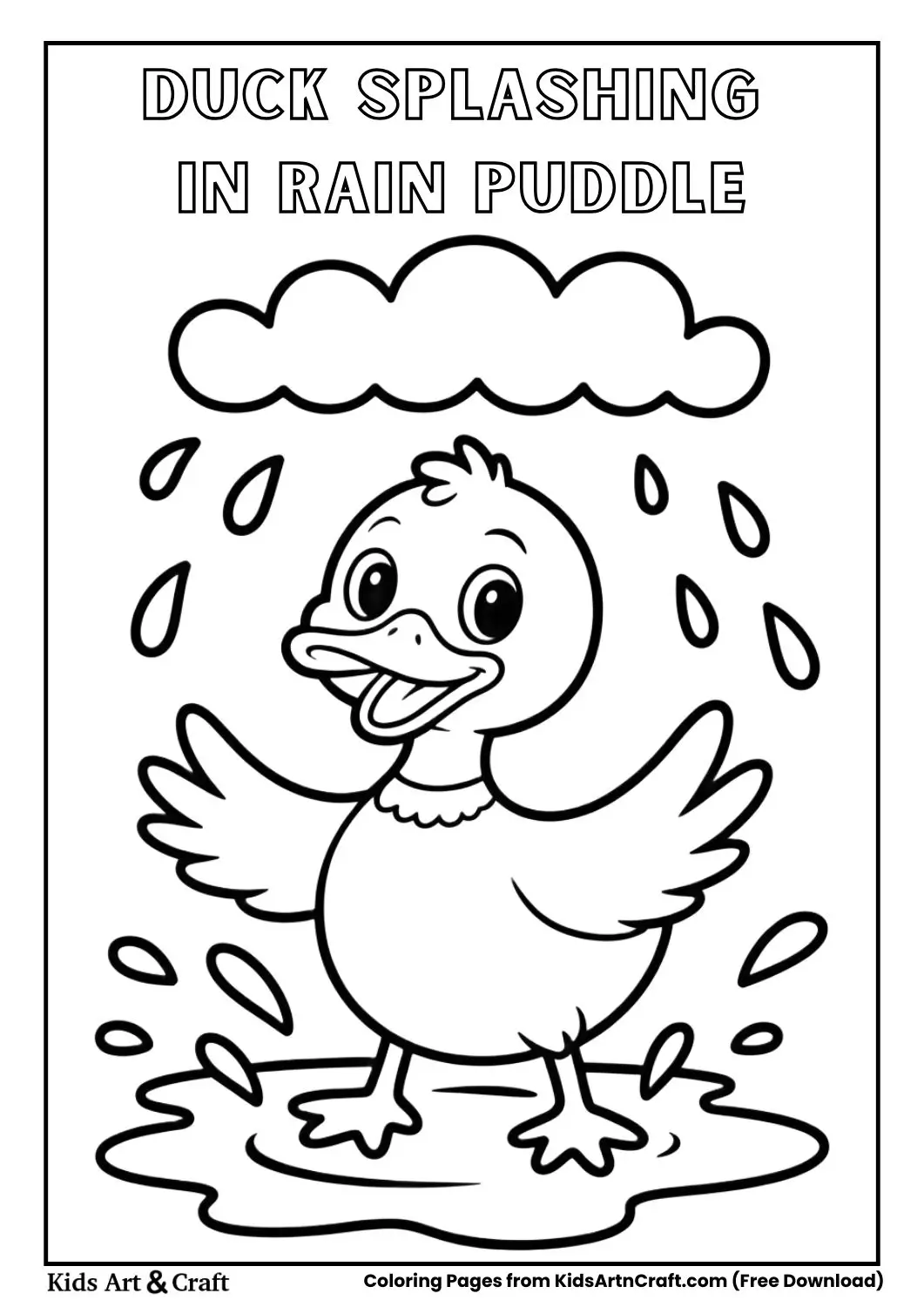 Cute duck splashing in puddle during rain coloring page.