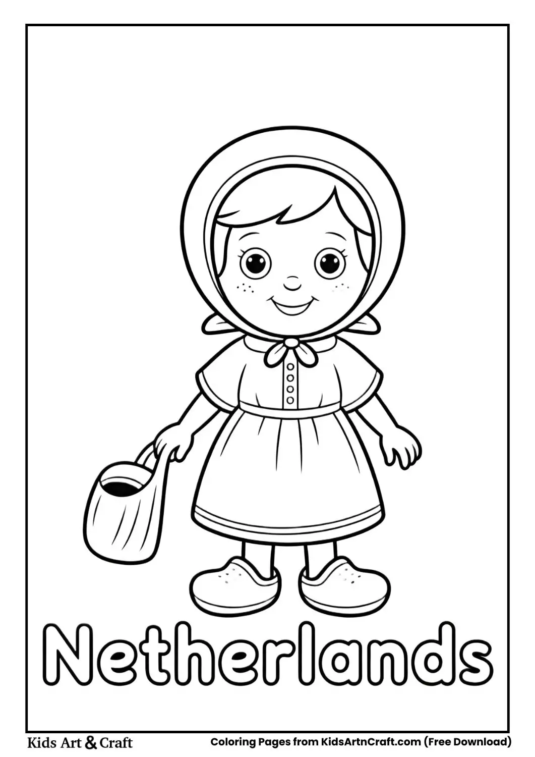 Child wearing Dutch traditional costume with clogs coloring page with country name Netherlands