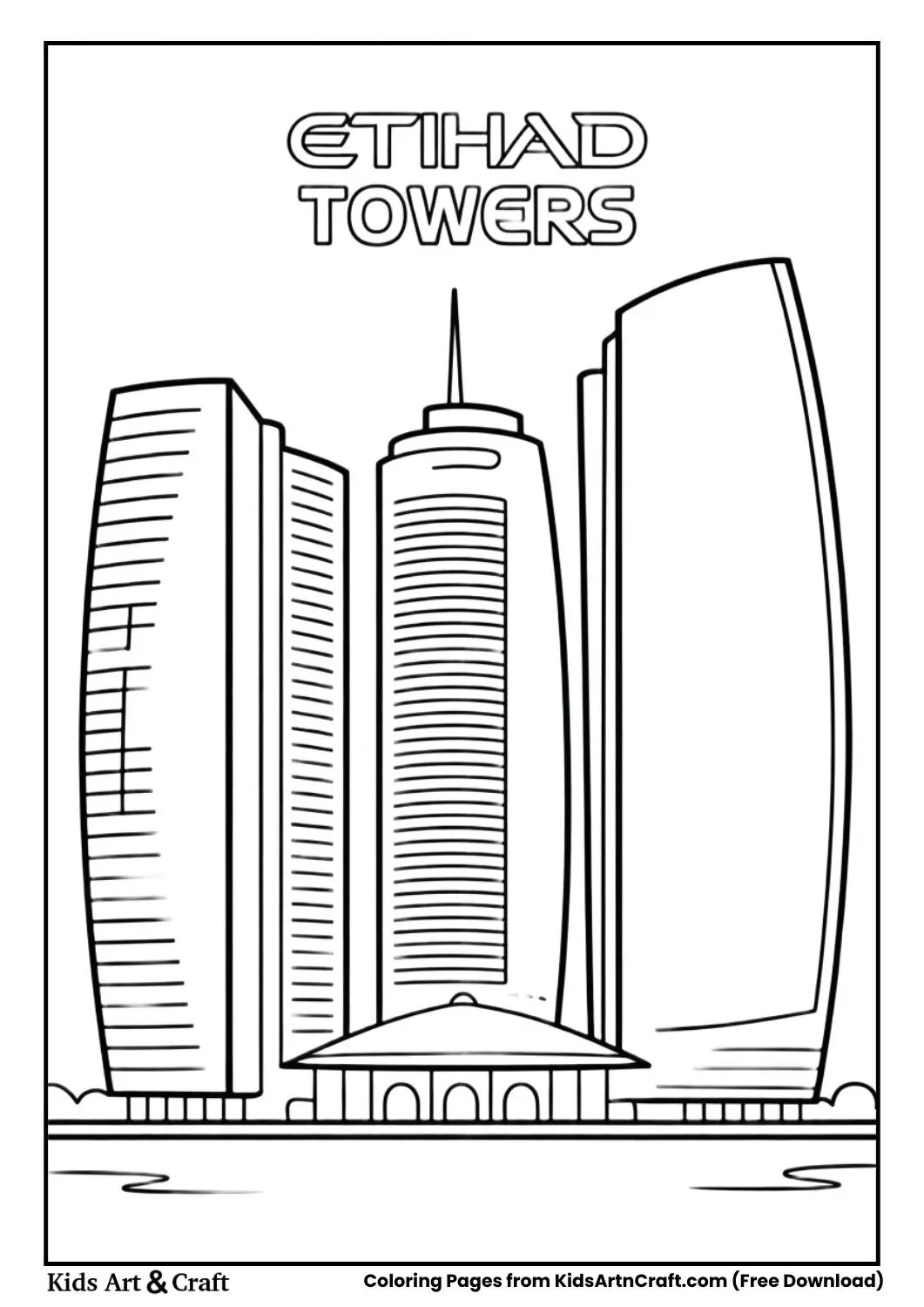 Etihad Towers skyline simple kids coloring page black and white