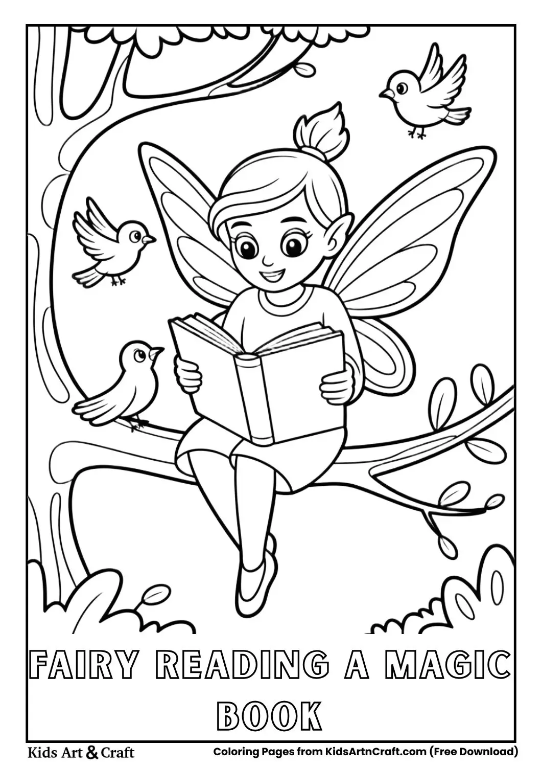 Fairy reading a magic book on a tree branch coloring page