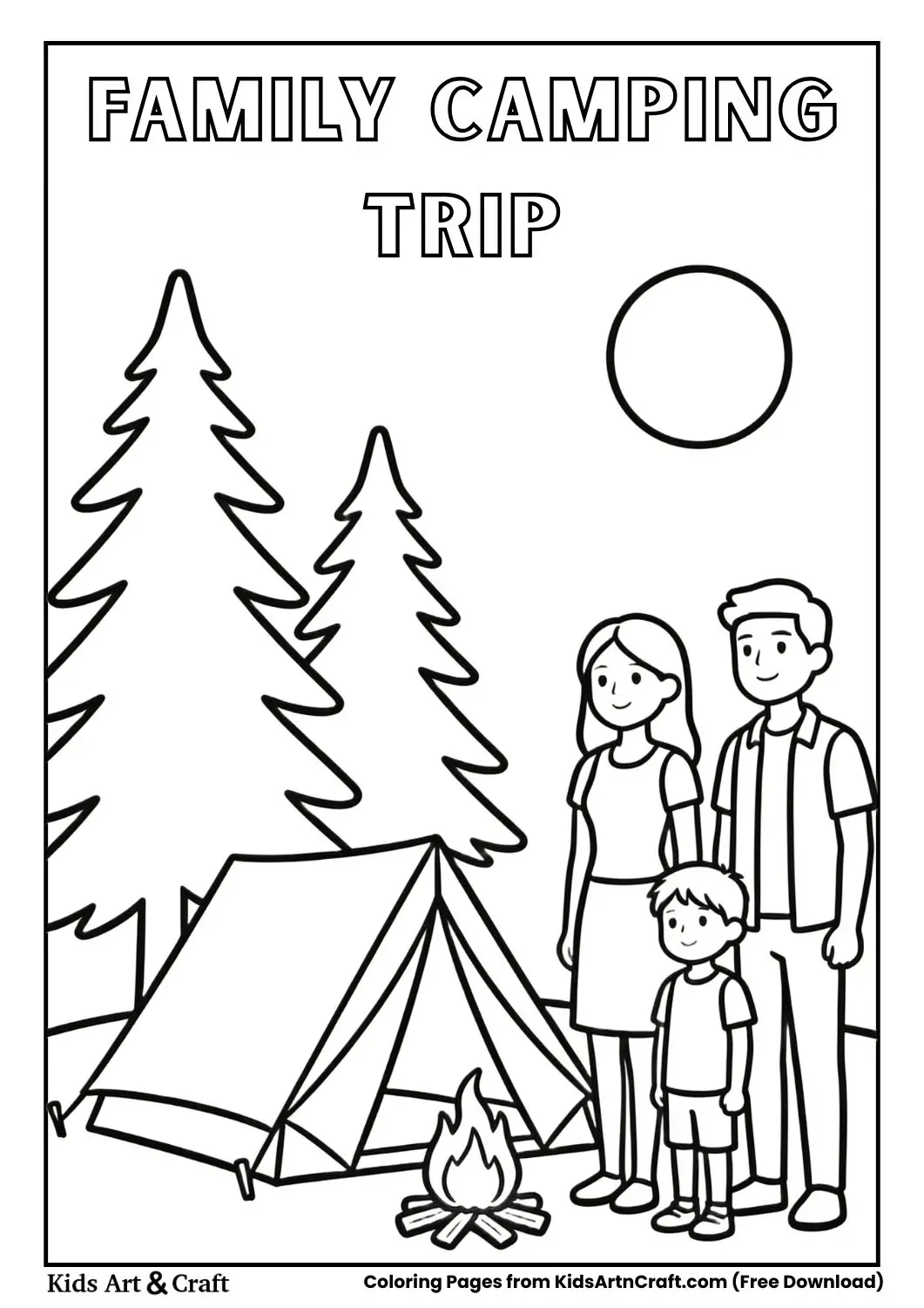 Family camping with tent black and white coloring page