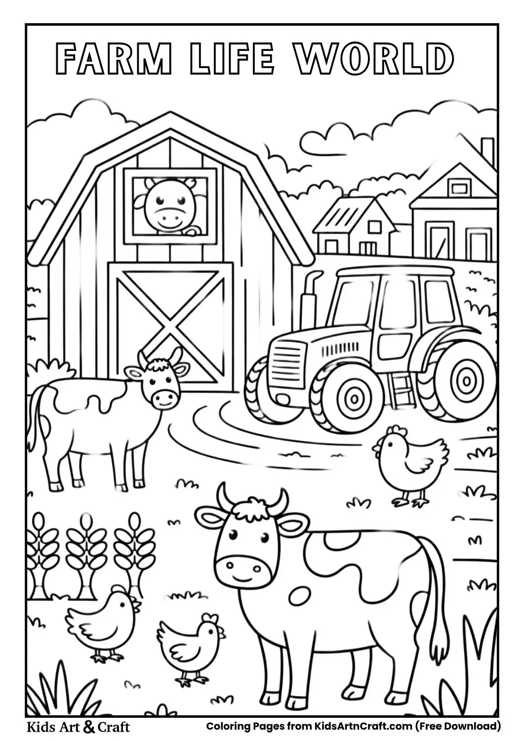 farm life world coloring page with barn tractor cows chickens and farm animals