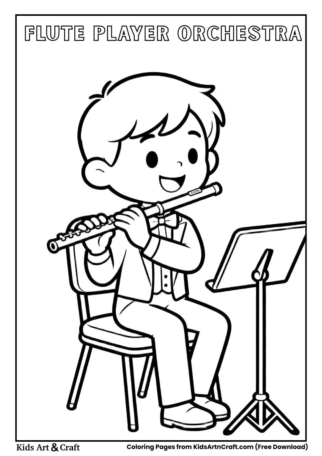 cartoon flute player sitting with flute music stand coloring page