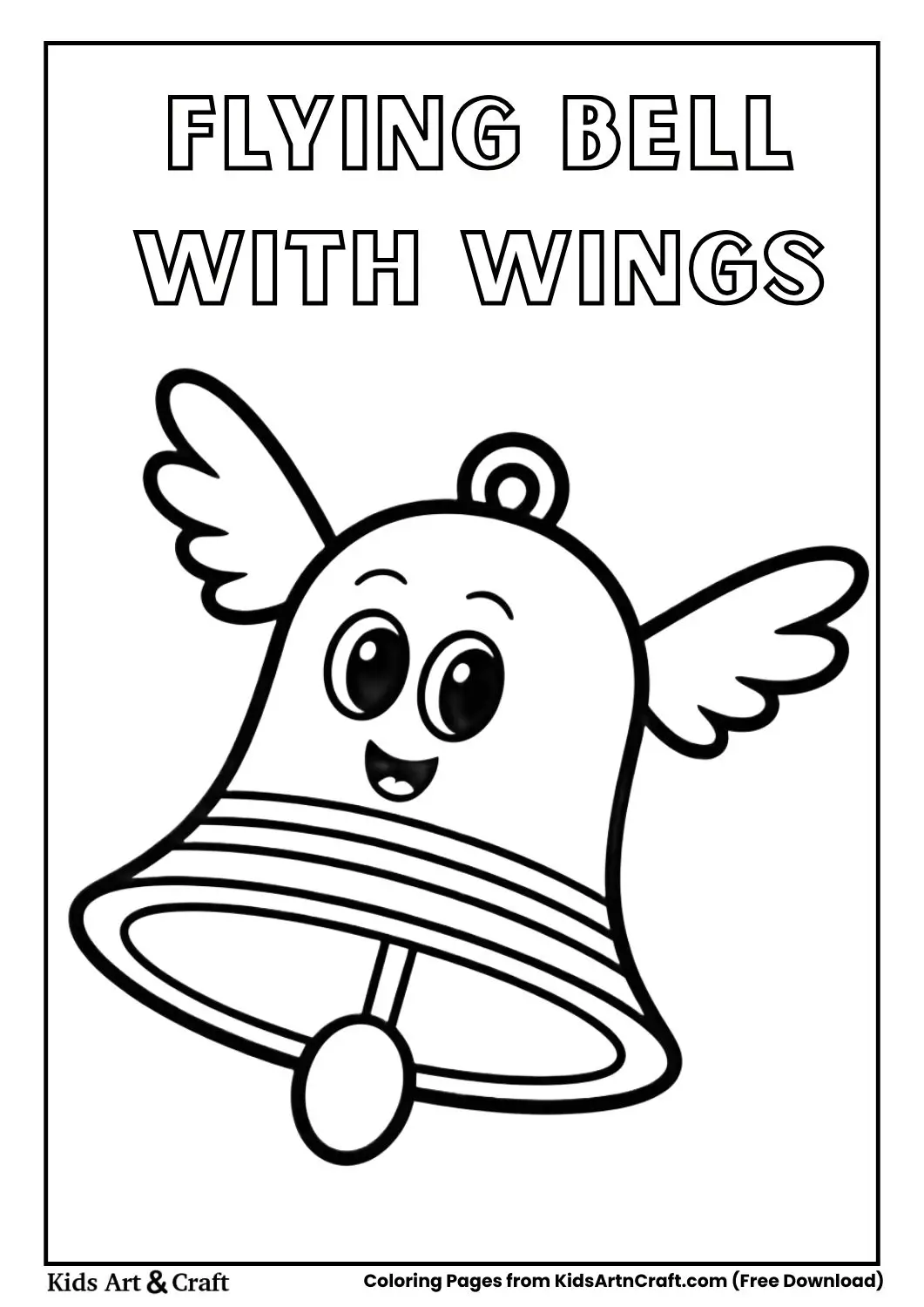 cartoon bell with wings flying black and white coloring page