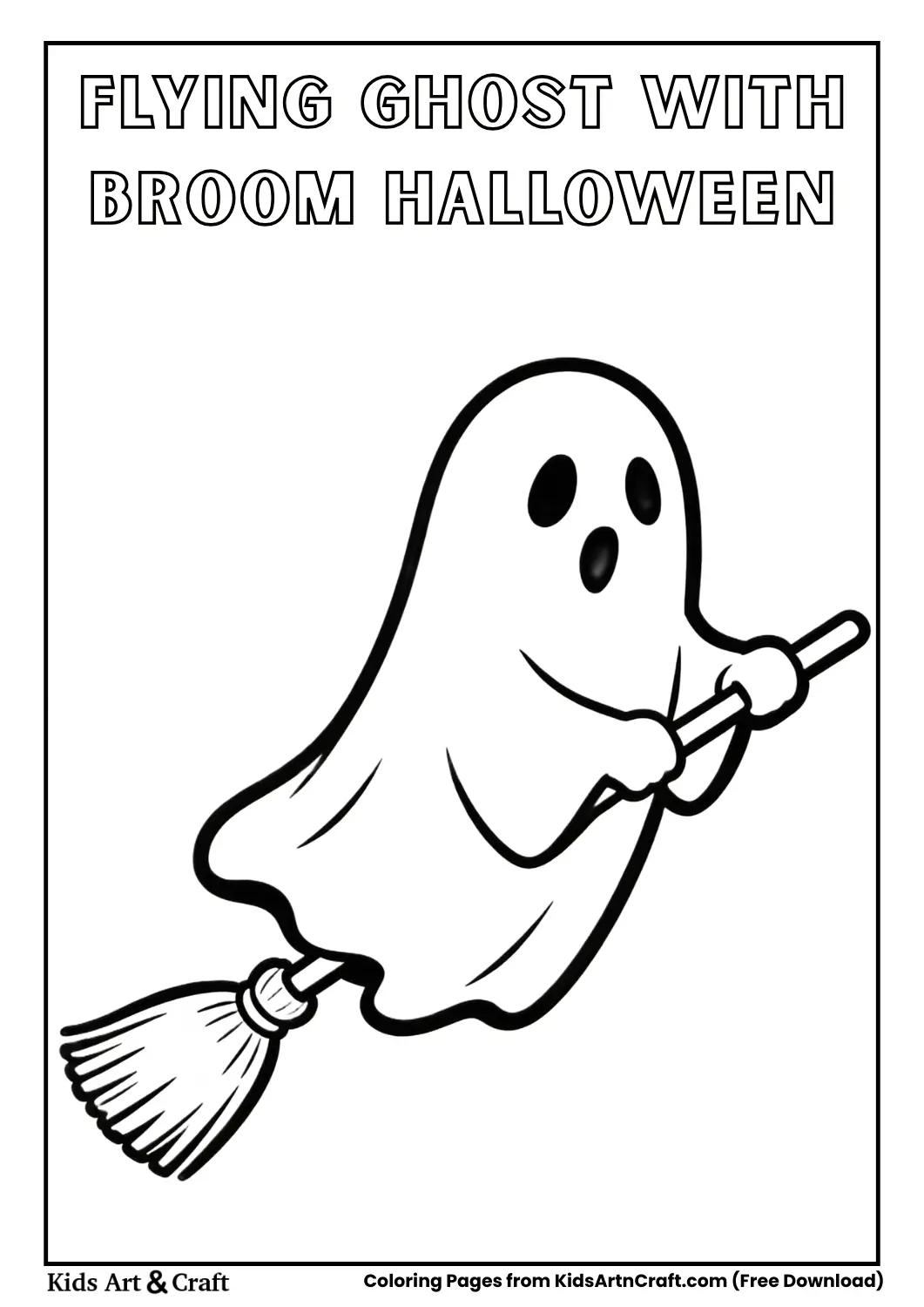Cute ghost riding broomstick, simple black and white coloring sheet