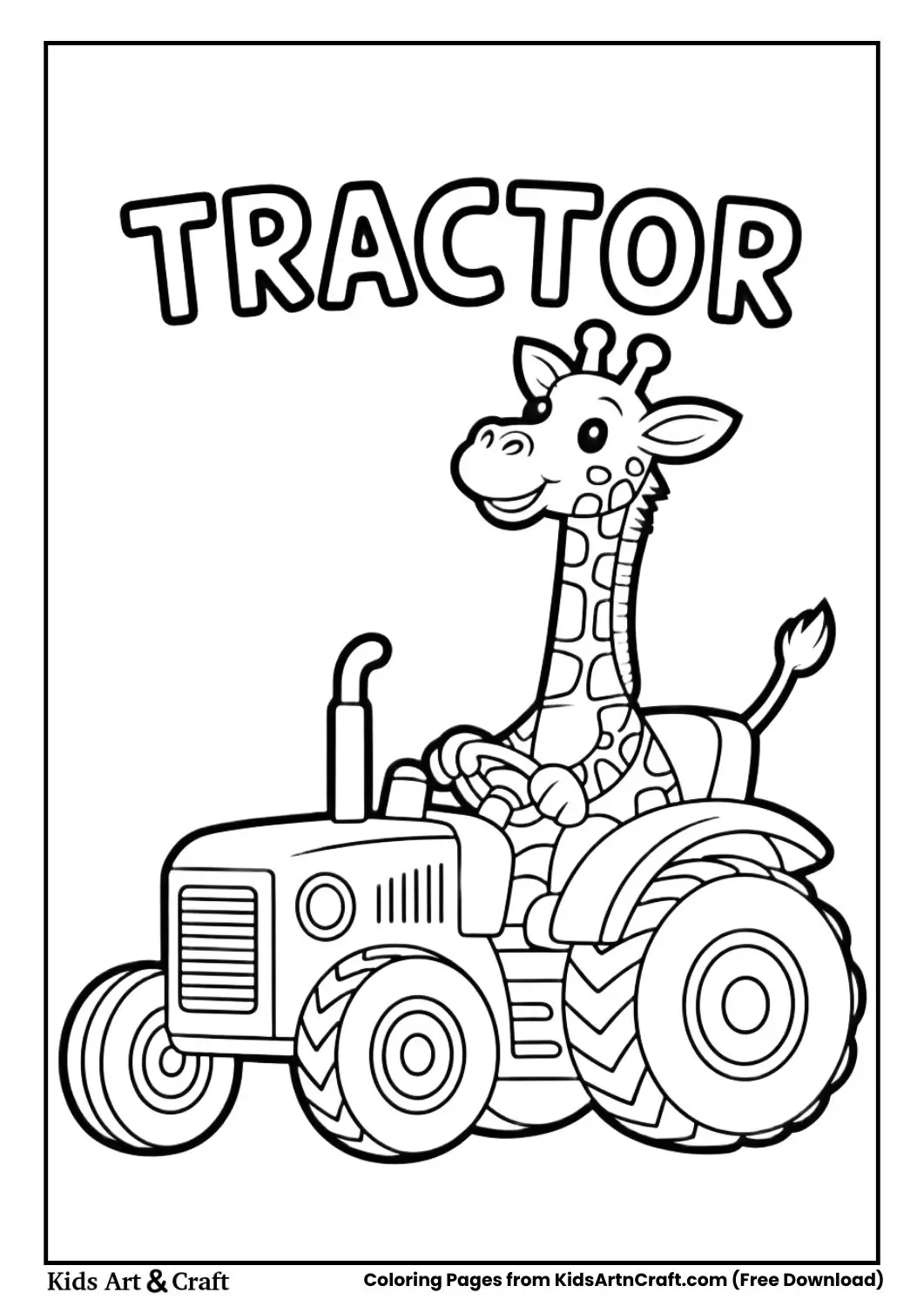 giraffe riding tractor coloring page for kids