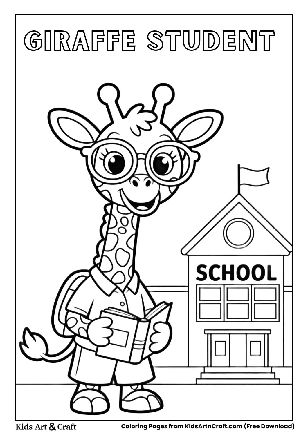 Cute giraffe student with glasses holding a book coloring page