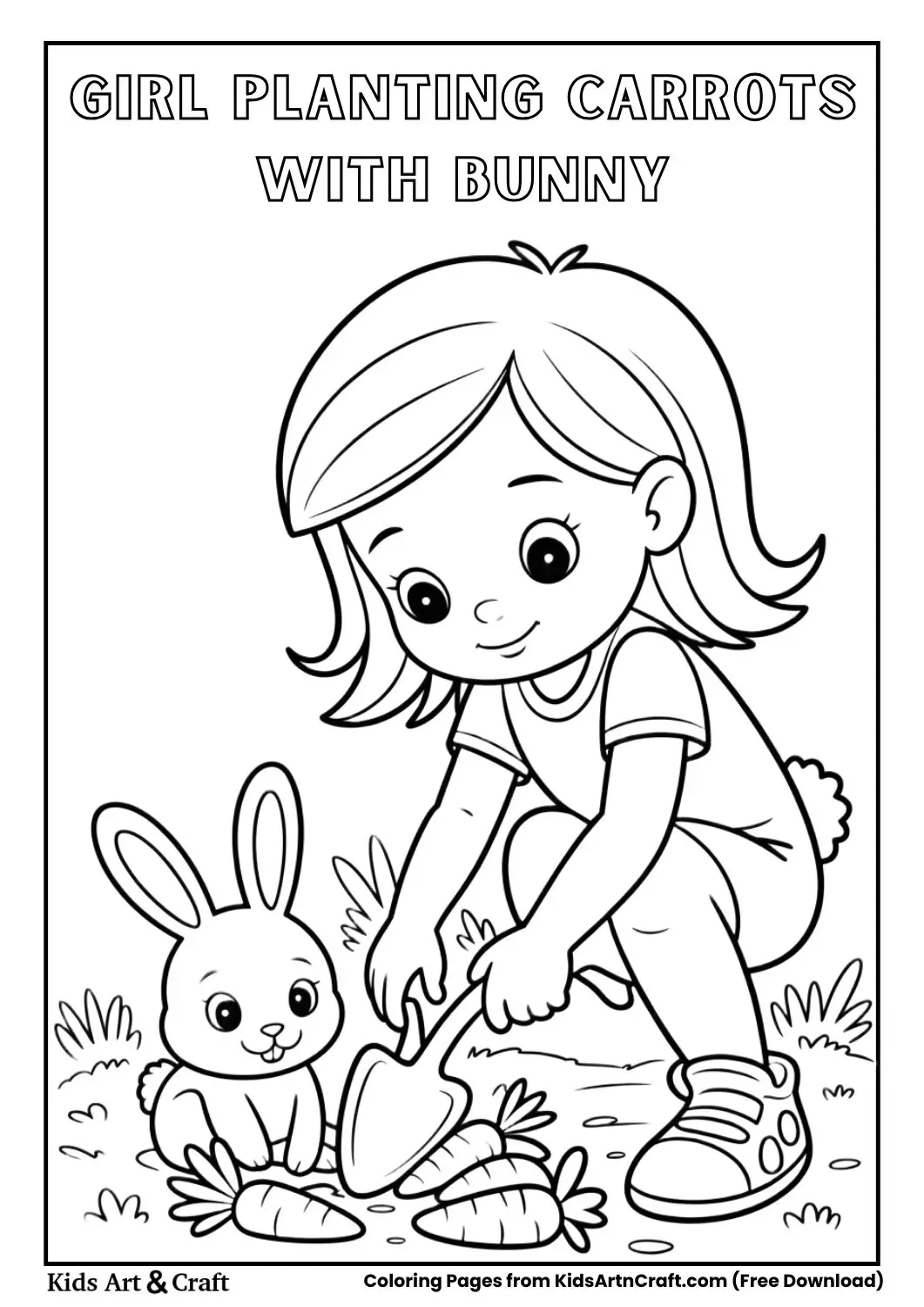 Girl running in park with bunny hopping beside coloring page