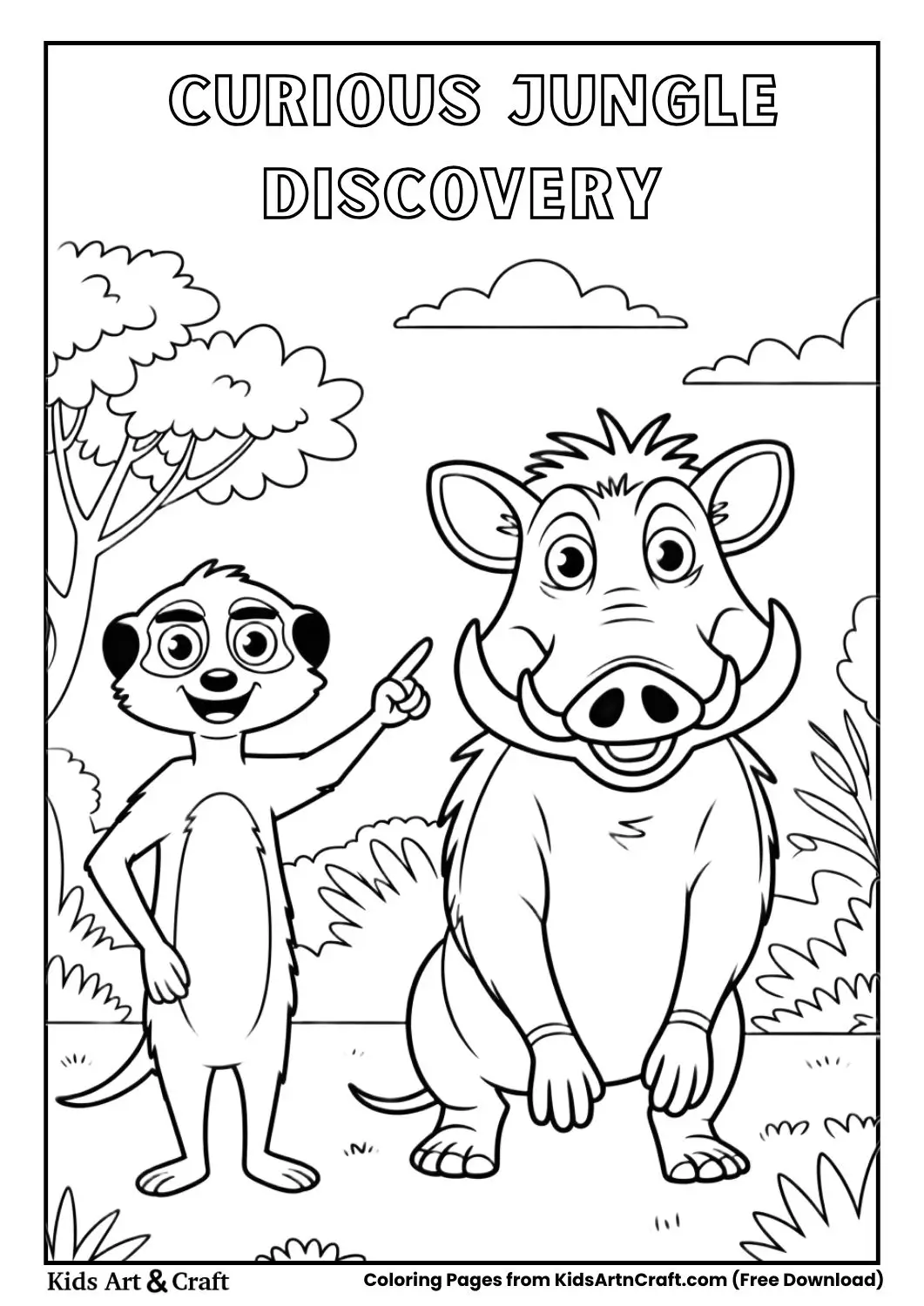 Curious meerkat pointing to the sky while warthog watches coloring page