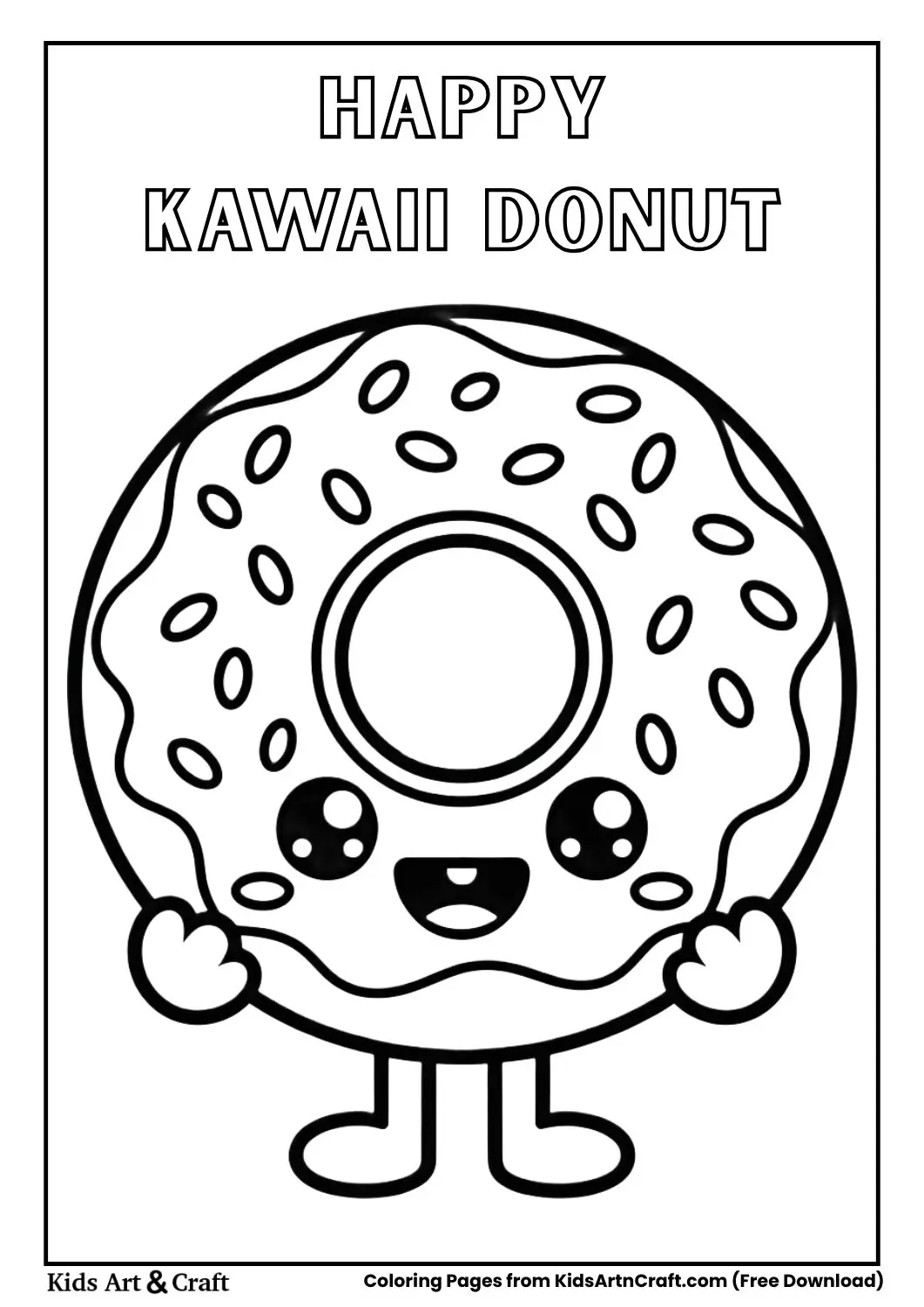 Happy donut with icing and sprinkles kawaii coloring page black and white