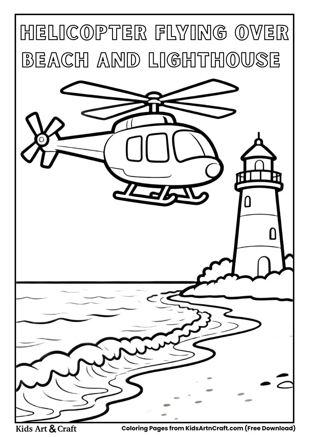 Helicopter flying above beach waves and lighthouse black and white coloring page