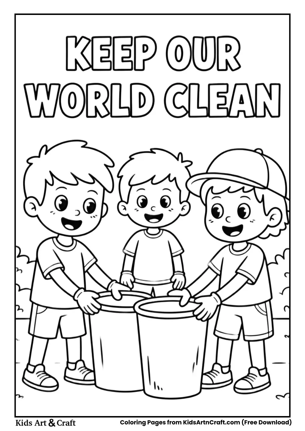 kids cleaning park teamwork coloring page