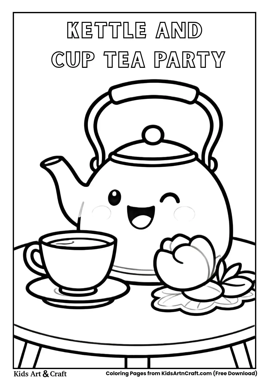 Cute kettle and cup having a tea party black and white coloring page for kids