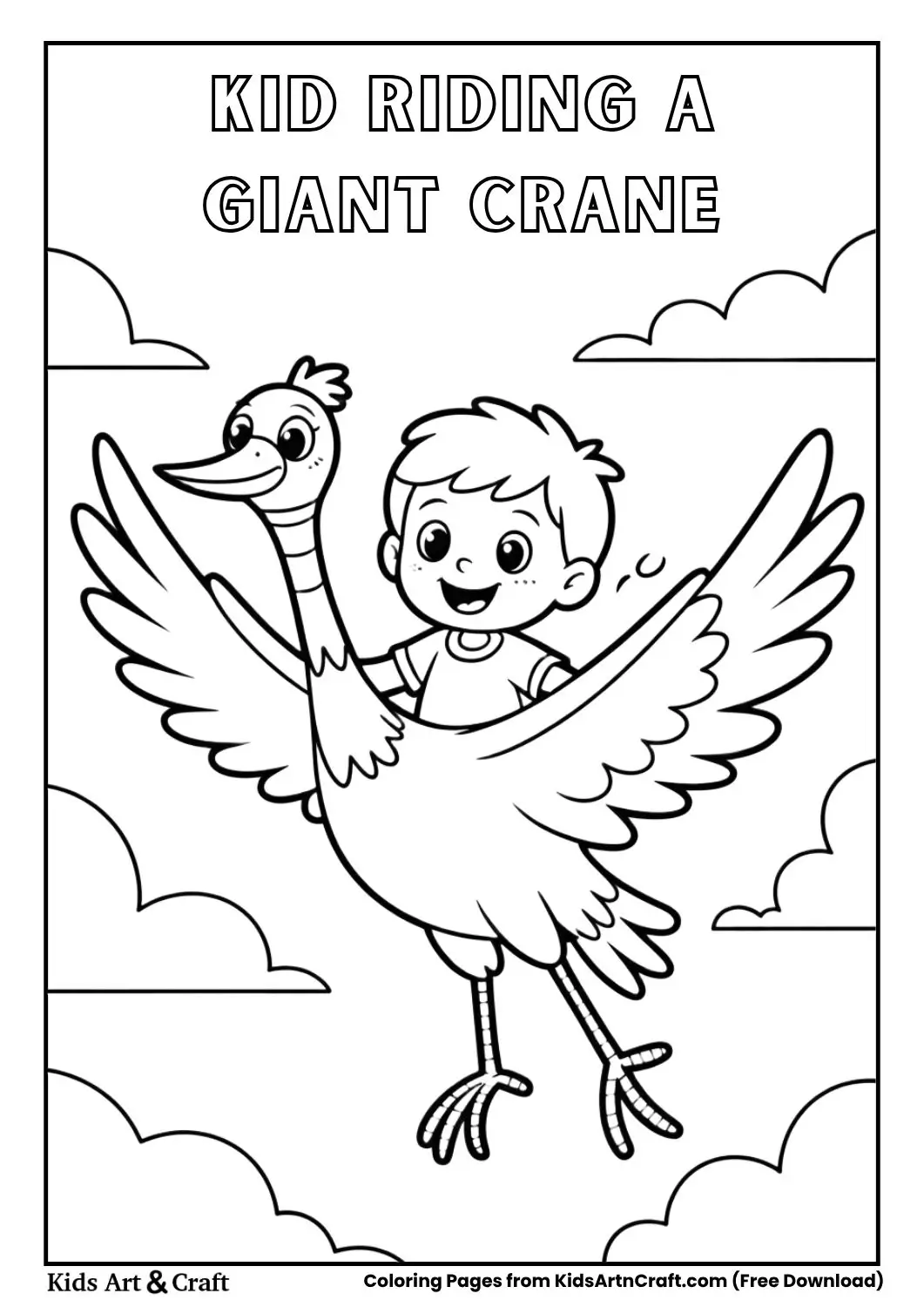 child riding giant crane coloring page black and white for kids