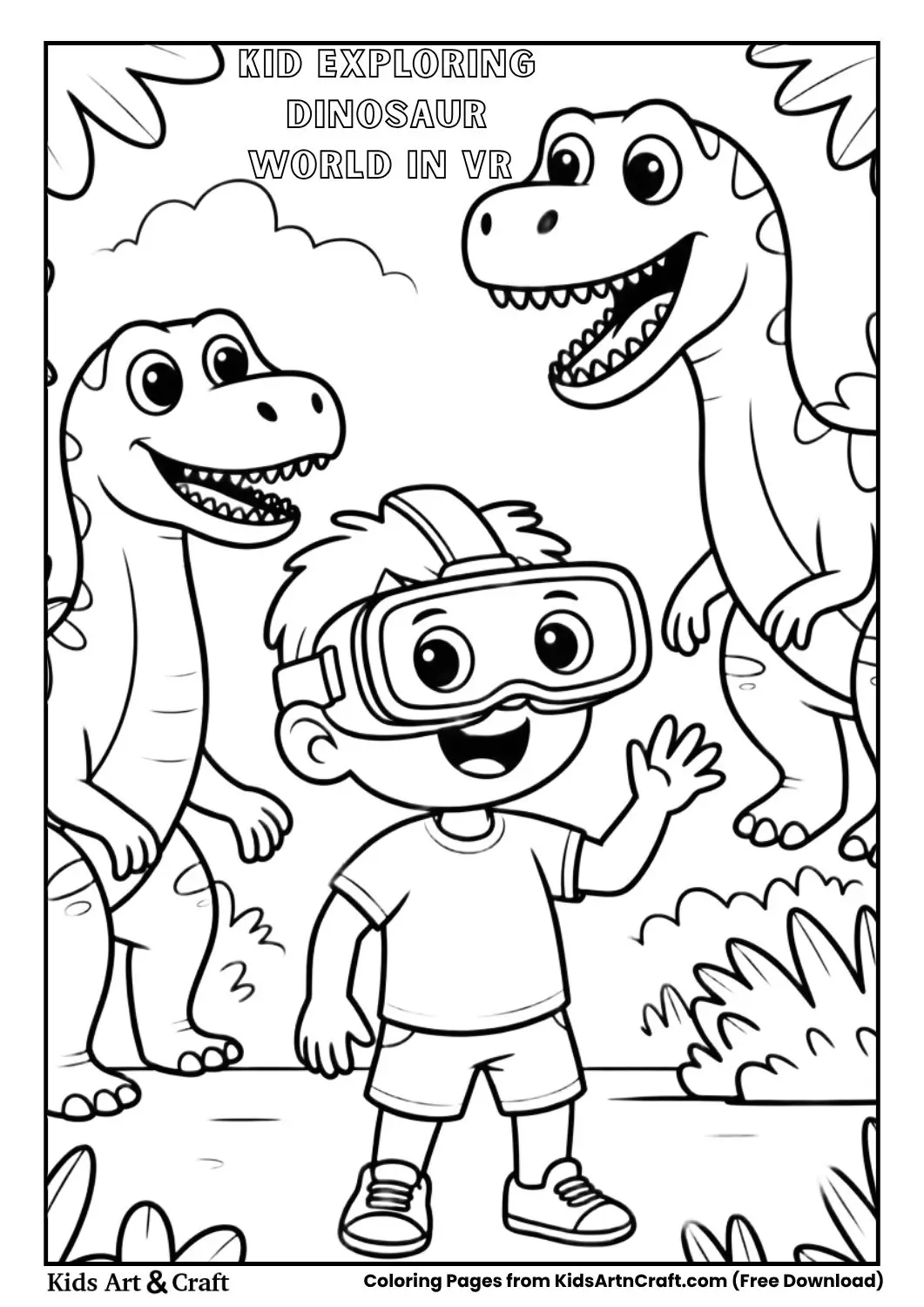 child wearing VR headset seeing friendly dinosaurs coloring page black and white