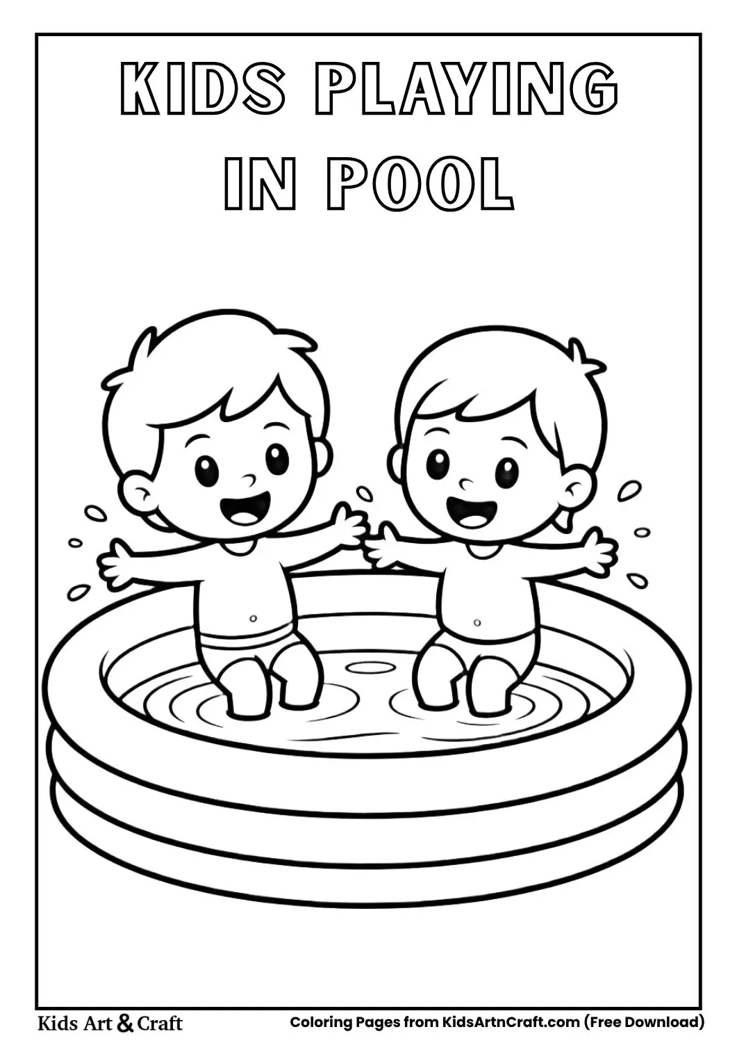 kids playing and splashing water in a small pool coloring page black and white
