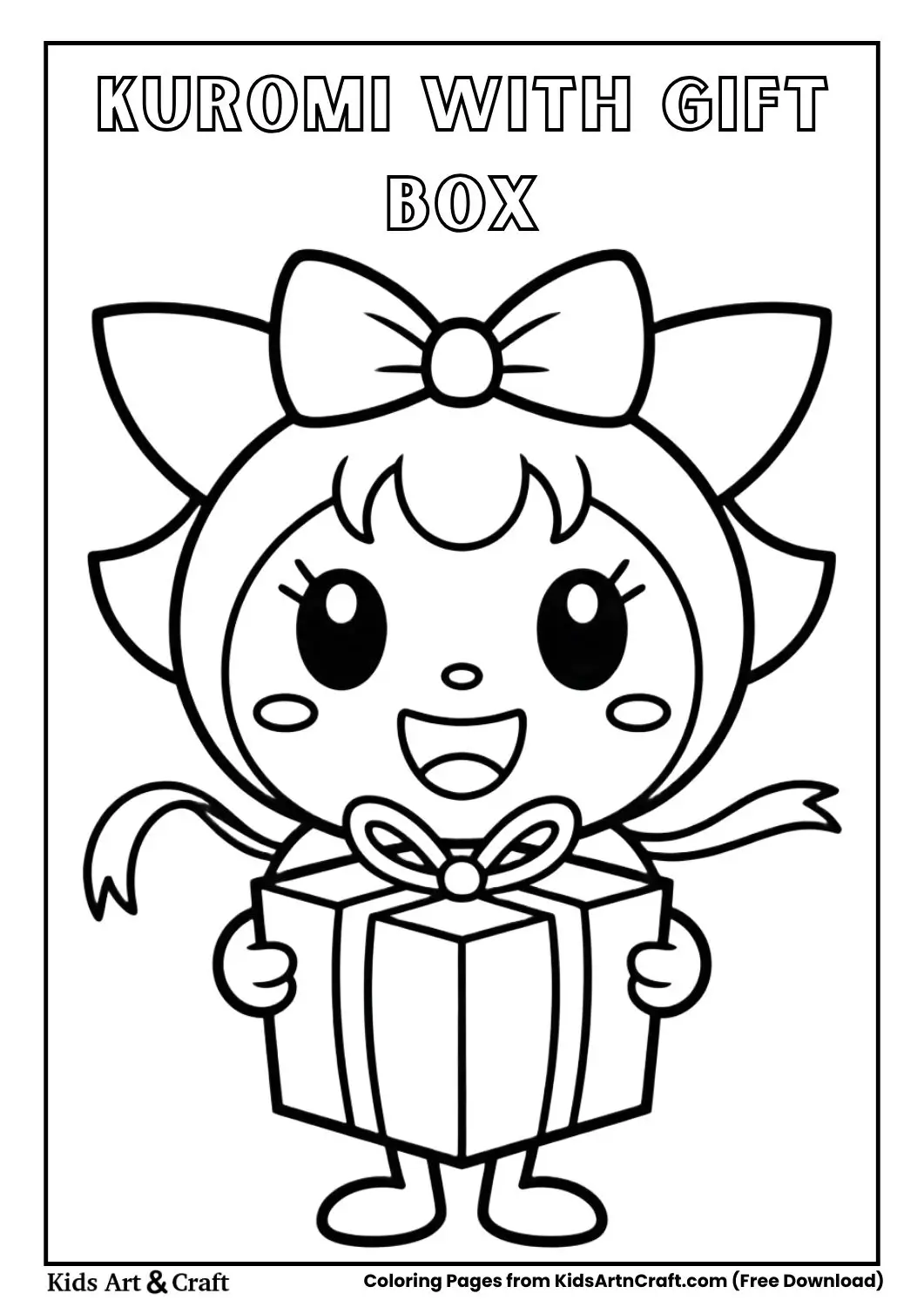 Kuromi holding a big gift box black and white kids coloring sheet