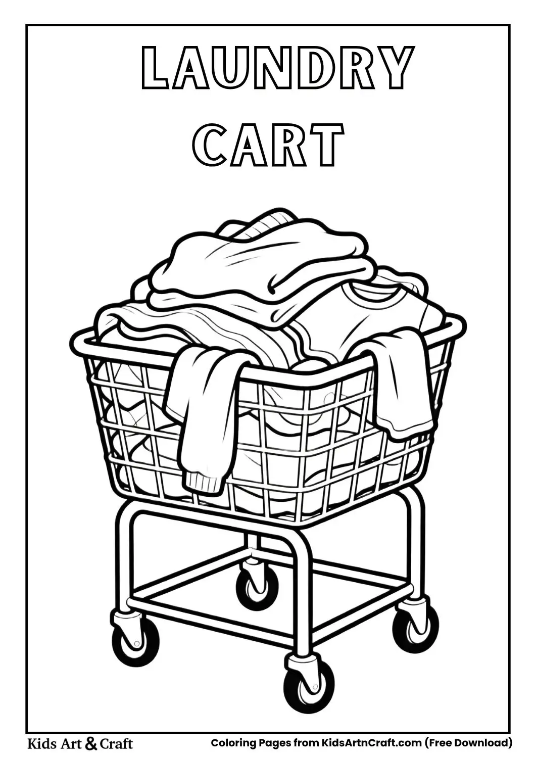 Laundry cart with wheels full of clothes coloring page
