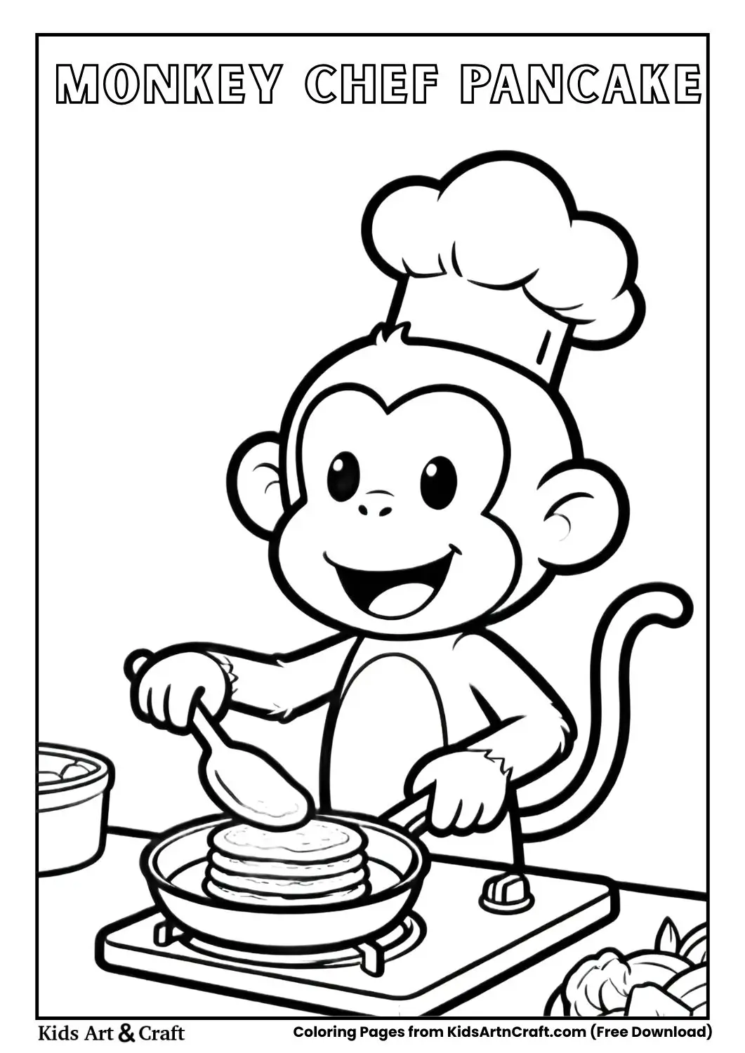 black and white coloring page of a monkey chef flipping pancakes