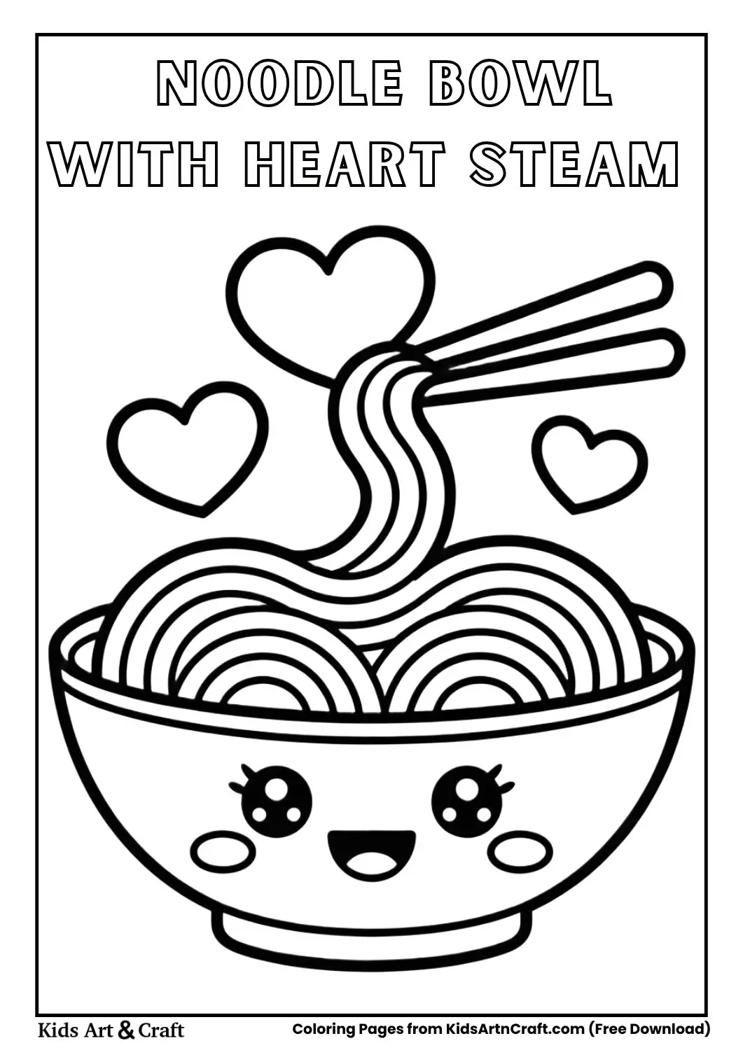 Cute noodle bowl with heart-shaped steam coloring page