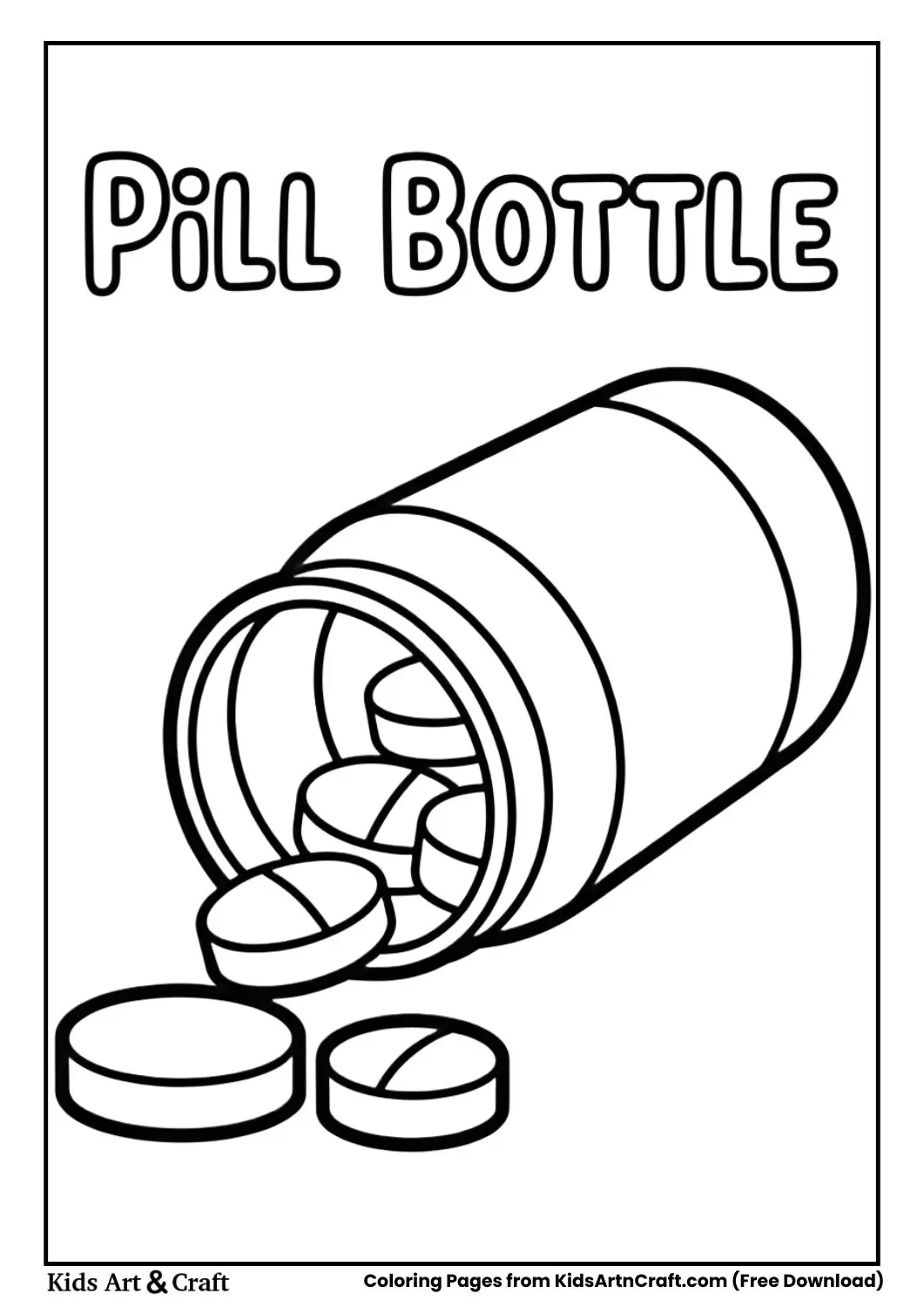 Cartoon medicine bottle with pills coloring page
