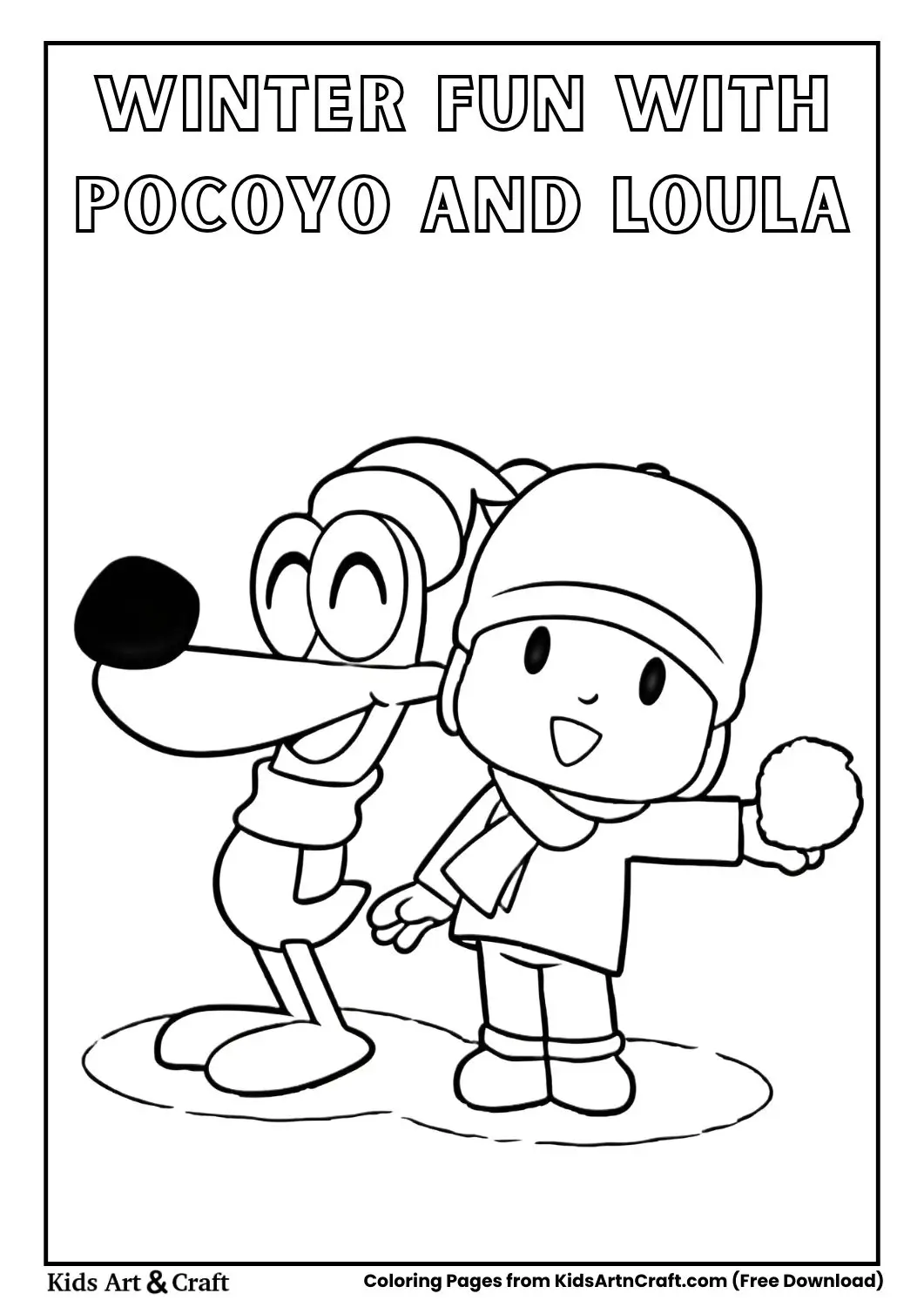 Pocoyo and Loula in winter clothes playing in snow