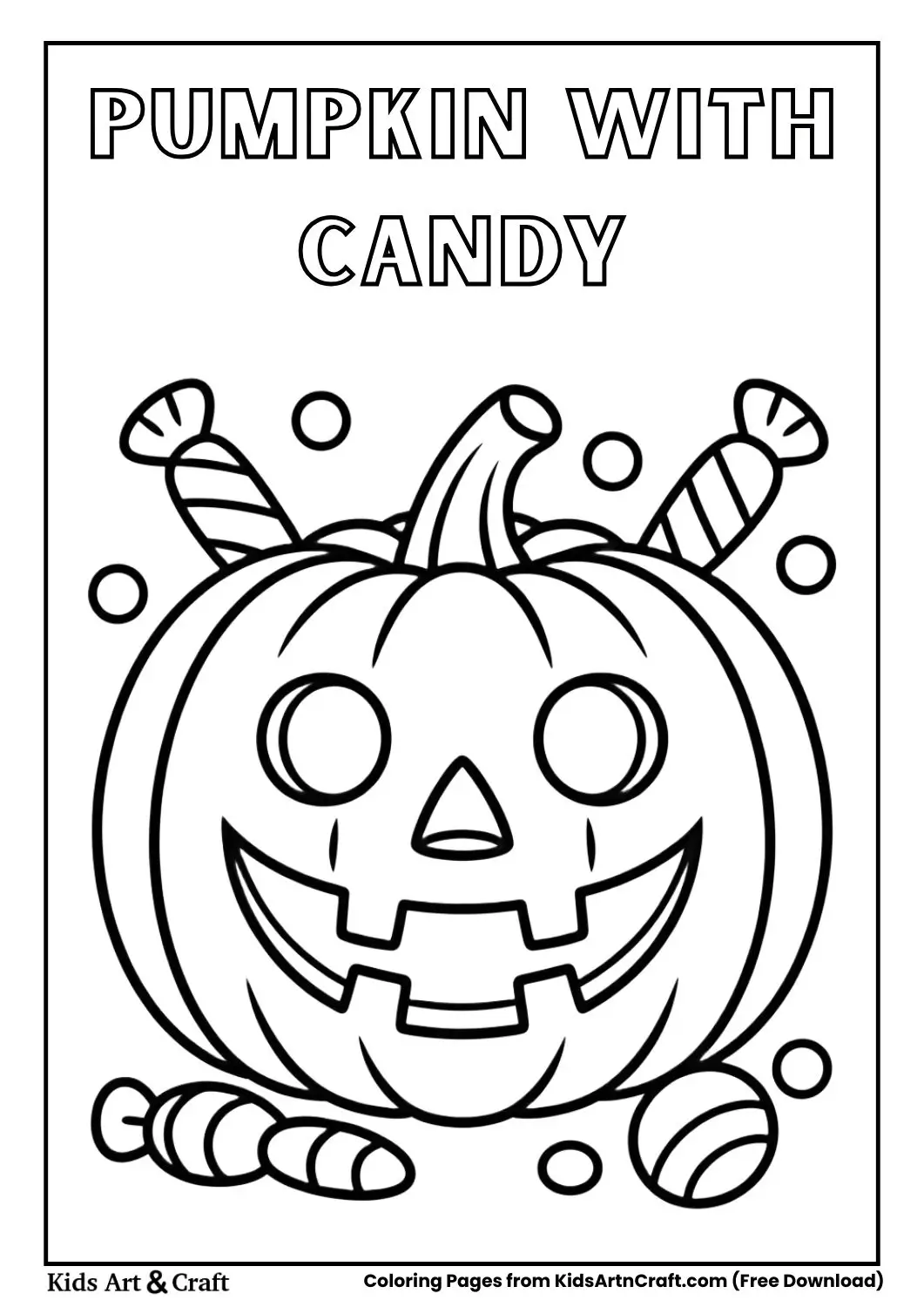 Halloween pumpkin surrounded by candy coloring page for kids