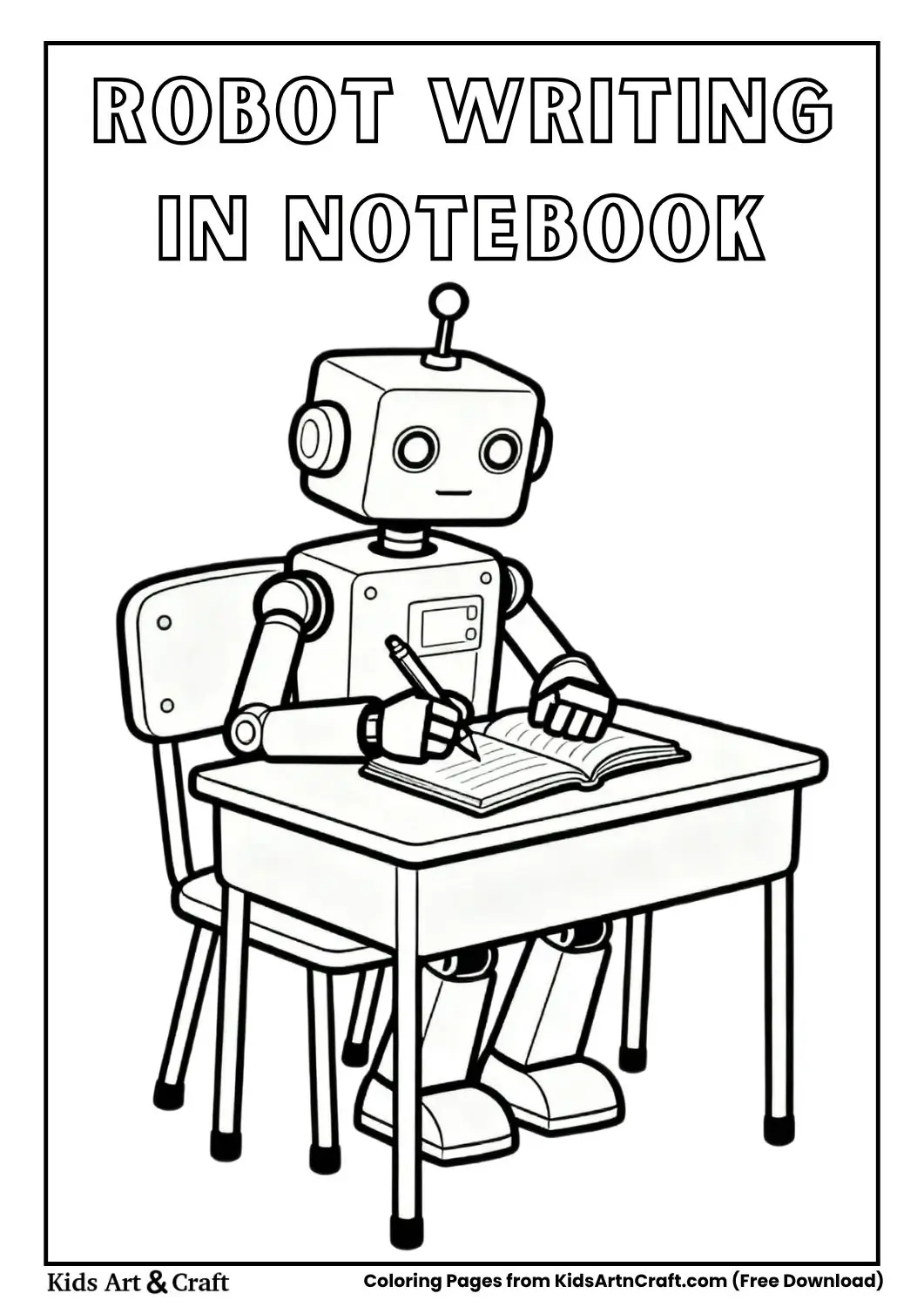 robot writing in notebook at school desk simple line art coloring page
