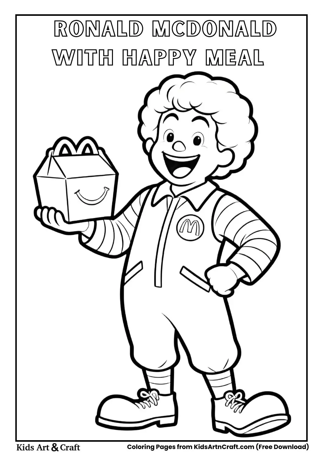 Ronald McDonald holding Happy Meal box cartoon coloring page