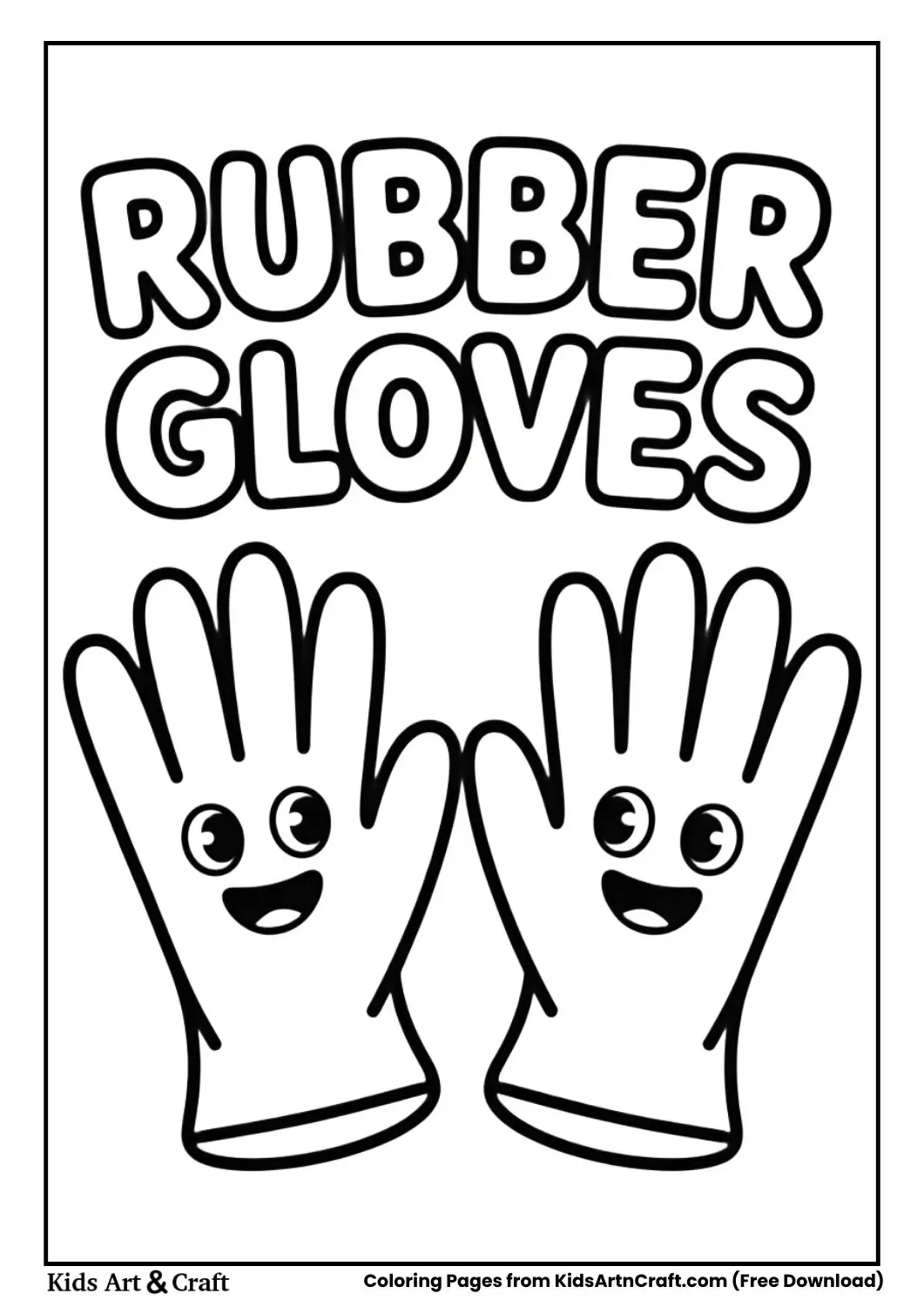 Pair of cartoon rubber gloves coloring page labeled rubber gloves