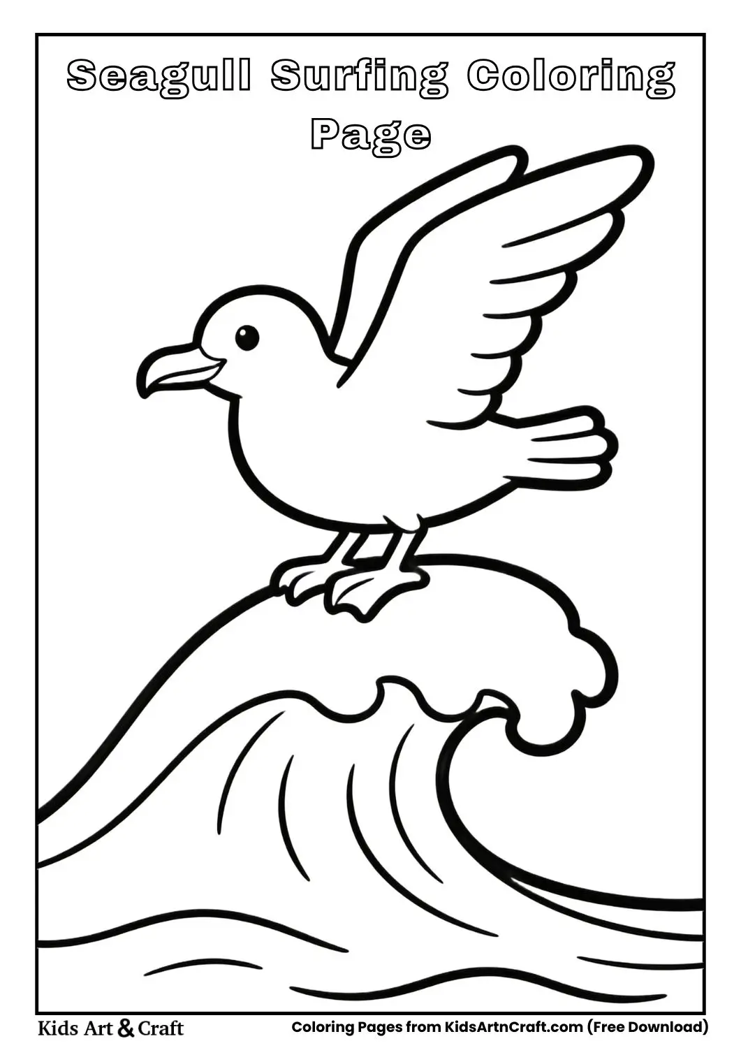 Seagull surfing simple black and white coloring page