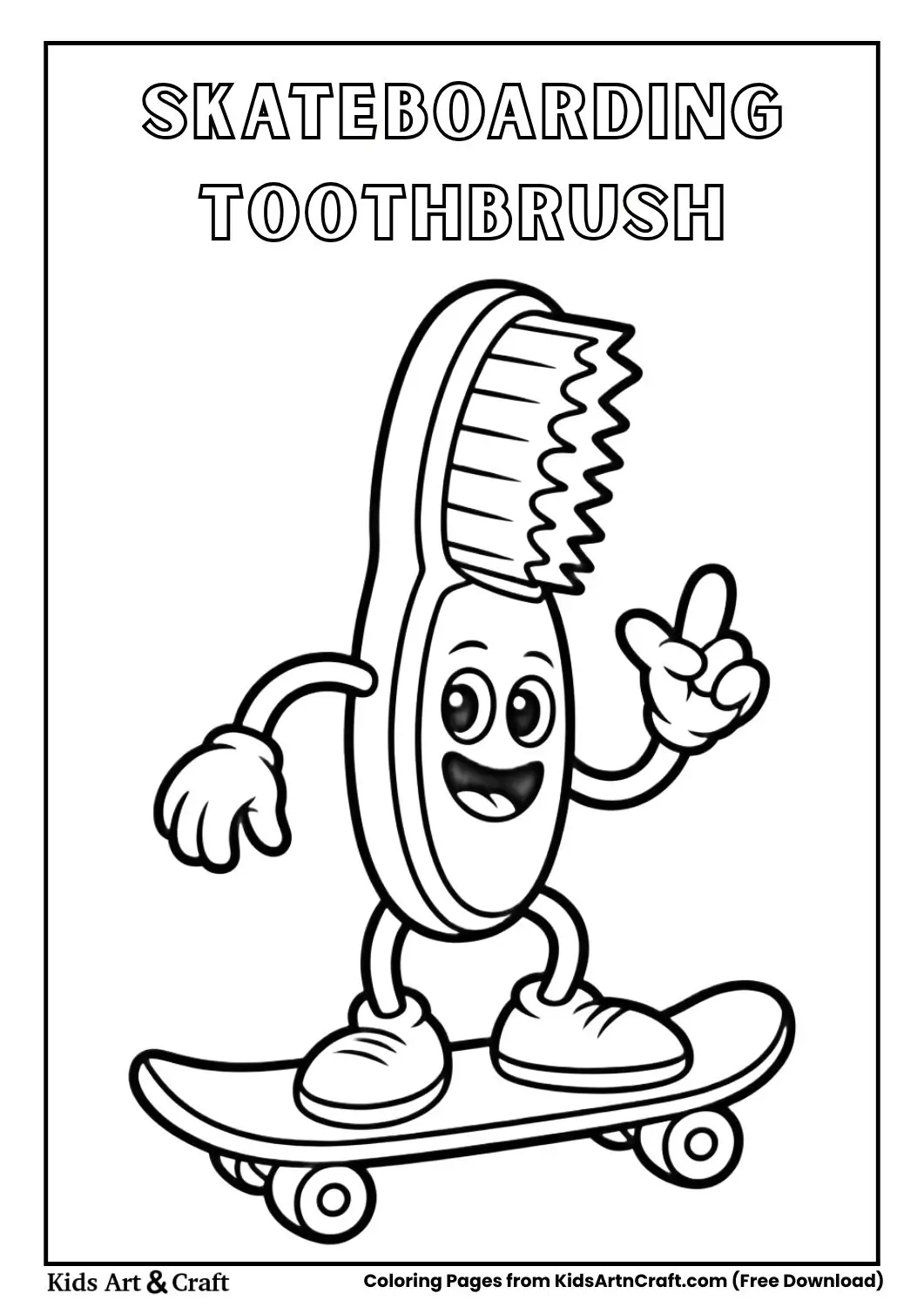 Happy toothbrush riding skateboard coloring page