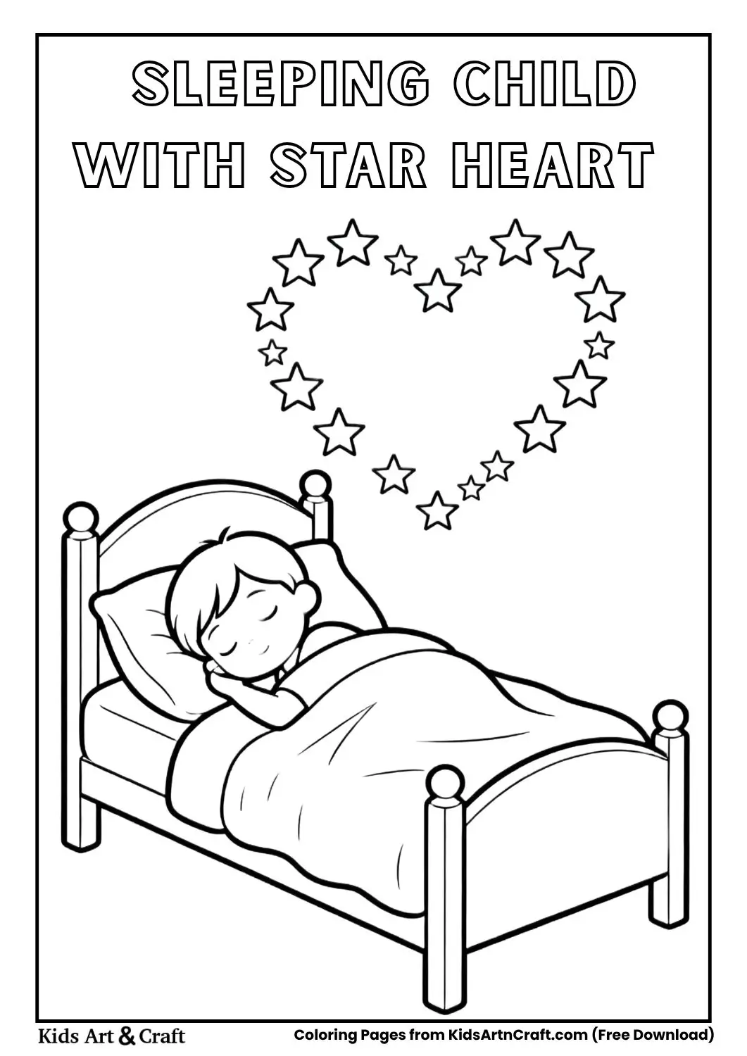Sleeping child with stars forming a heart coloring page for kids