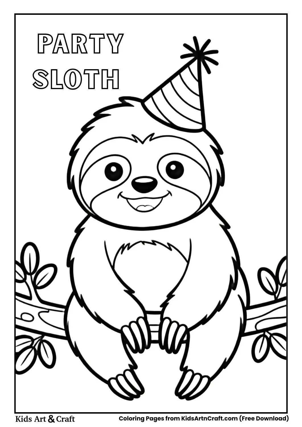 Sloth wearing a small party hat on a branch