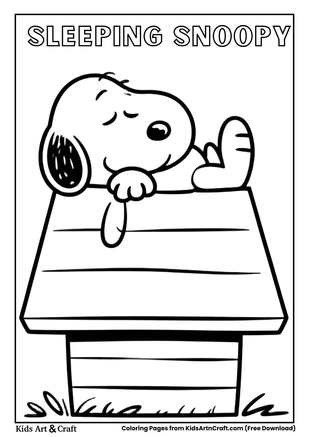 Snoopy sleeping on doghouse cartoon coloring page