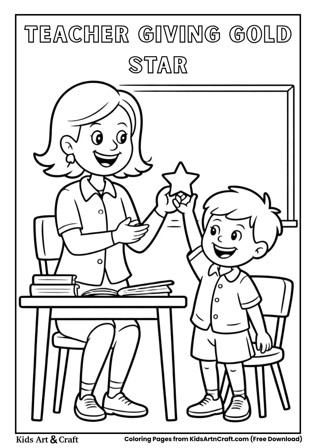 teacher giving star sticker to student coloring page