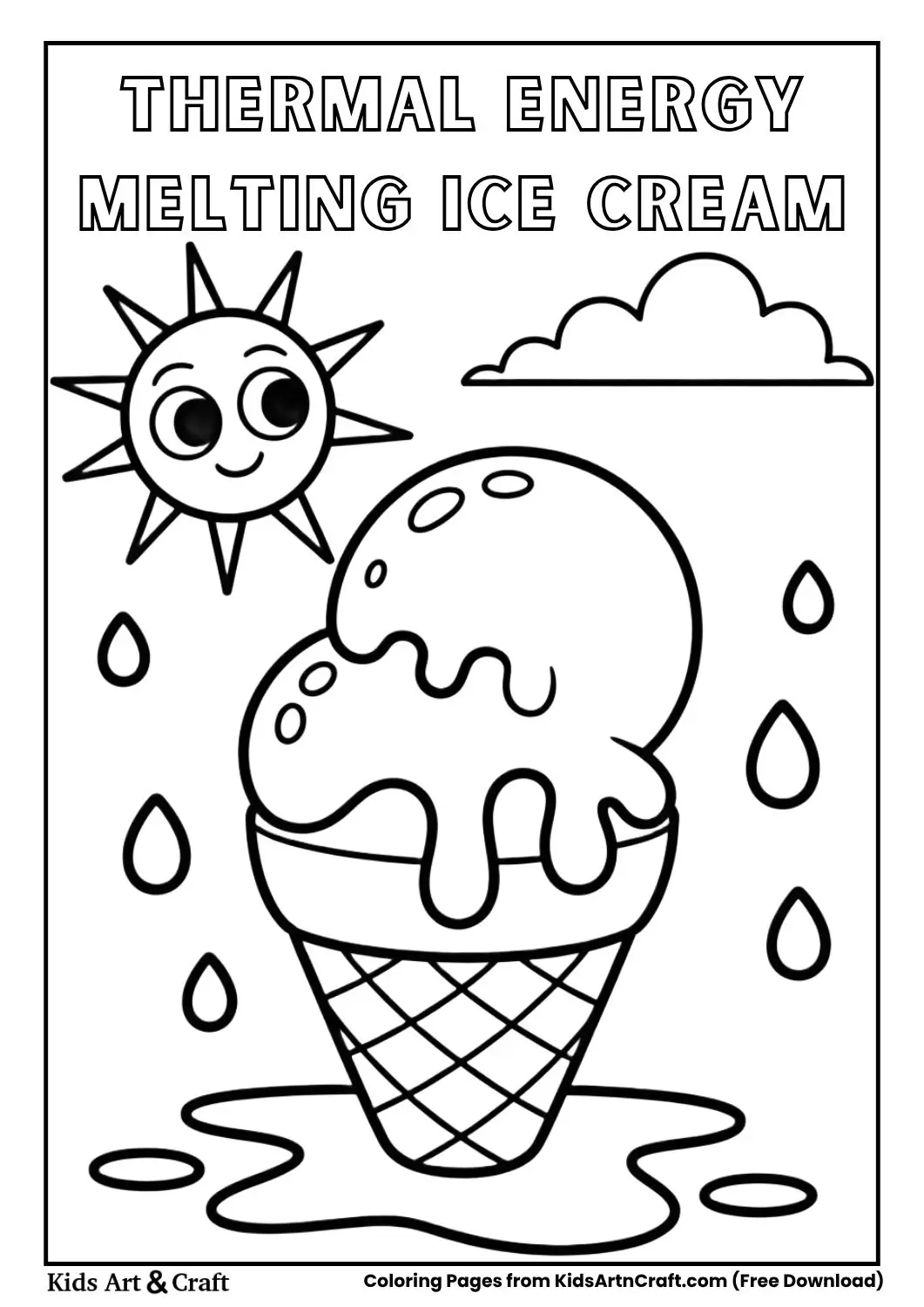 Ice cream melting under the sun with drops falling and smiling sun coloring page